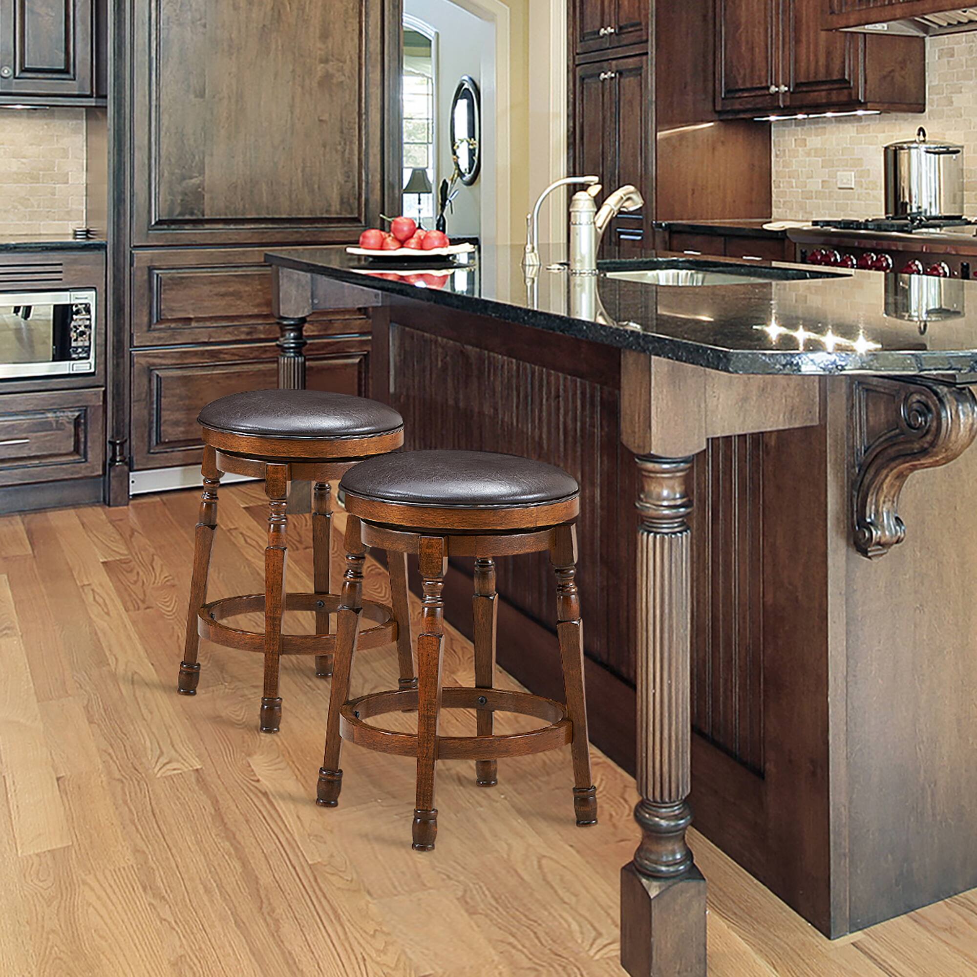 Angle. Costway - Set of 2 24" Swivel Bar Stool Leather Padded Dining Kitchen Pub Chair Backless - Walnut.