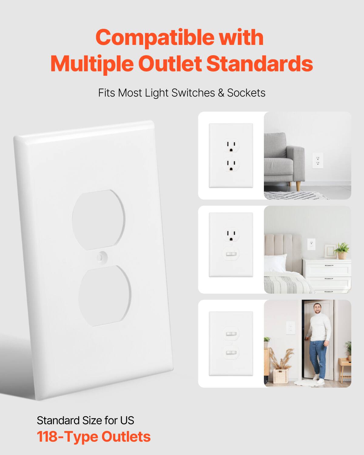 Compatible with Multiple Outlet Standards: Fits Most Light Switches & Sockets. Standard Size for US 118-Type Outlets.