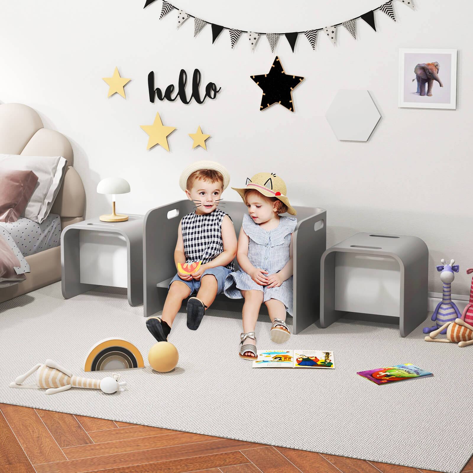 Alt View 1. Costway - Costway 3 PCS Kids Wooden Table & Chair Set Children Multipurpose Homeschool Furniture - Gray.