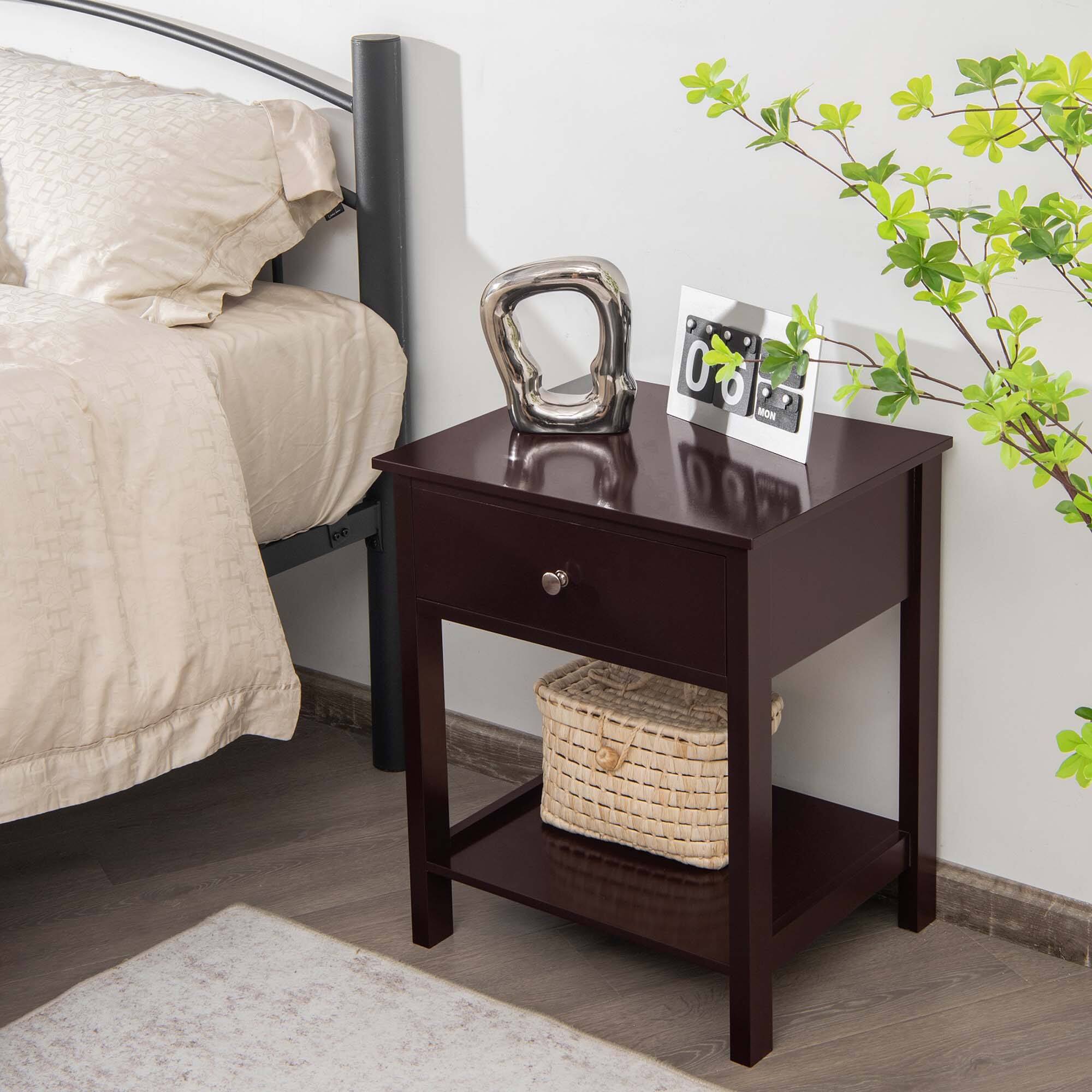 Alt View 3. Costway - Costway Nightstand with Drawer Storage Shelf Wooden Bedside Sofa Side Table - Brown.