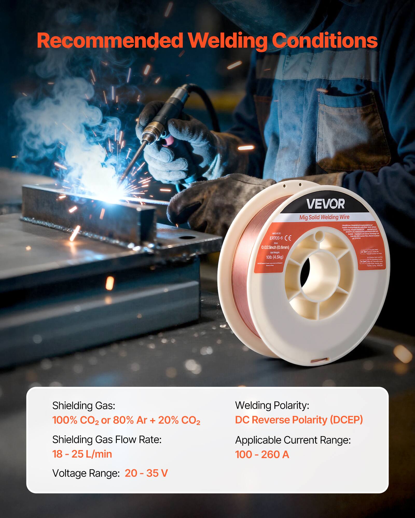 Recommended Welding Conditions

VEVOR Mig Solid Welding Wire - ER705-5 CE - 0.023inch (5mm) - 10E (4.5kg)

Shielding Gas: 100% CO2 or 80% Ar + 20% CO2  
Shielding Gas Flow Rate: 18 - 25 L/min  
Welding Polarity: DC Reverse Polarity (DCEP)  
Applicable Current Range: 100 - 260 A  
Voltage Range: 20 - 35 V