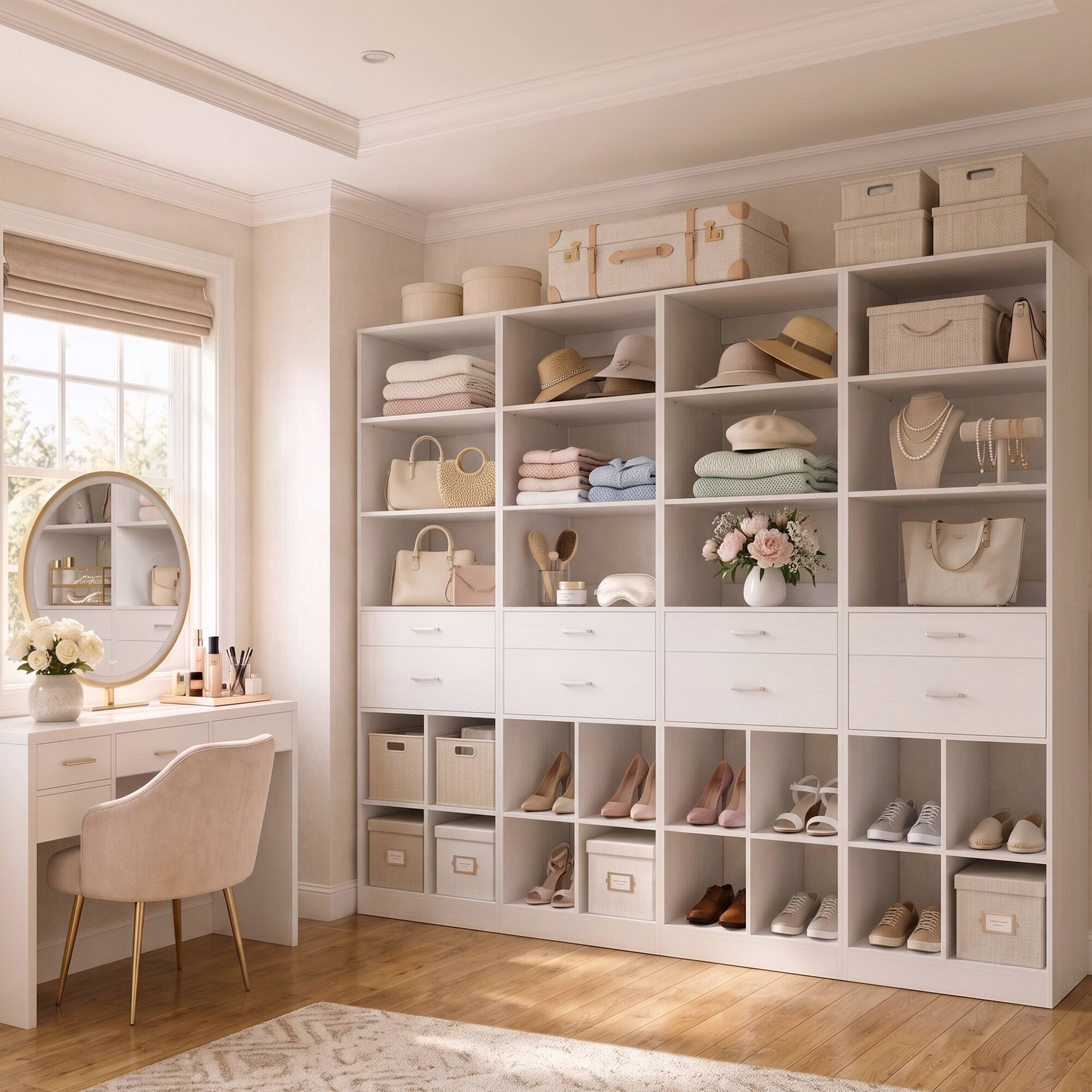 Left. Aheaplus - 22" 4-Piece Floor-Standing Closet System with Adjustable Shelves & Smooth-Glide Drawers,Ships in 4 packages - White.