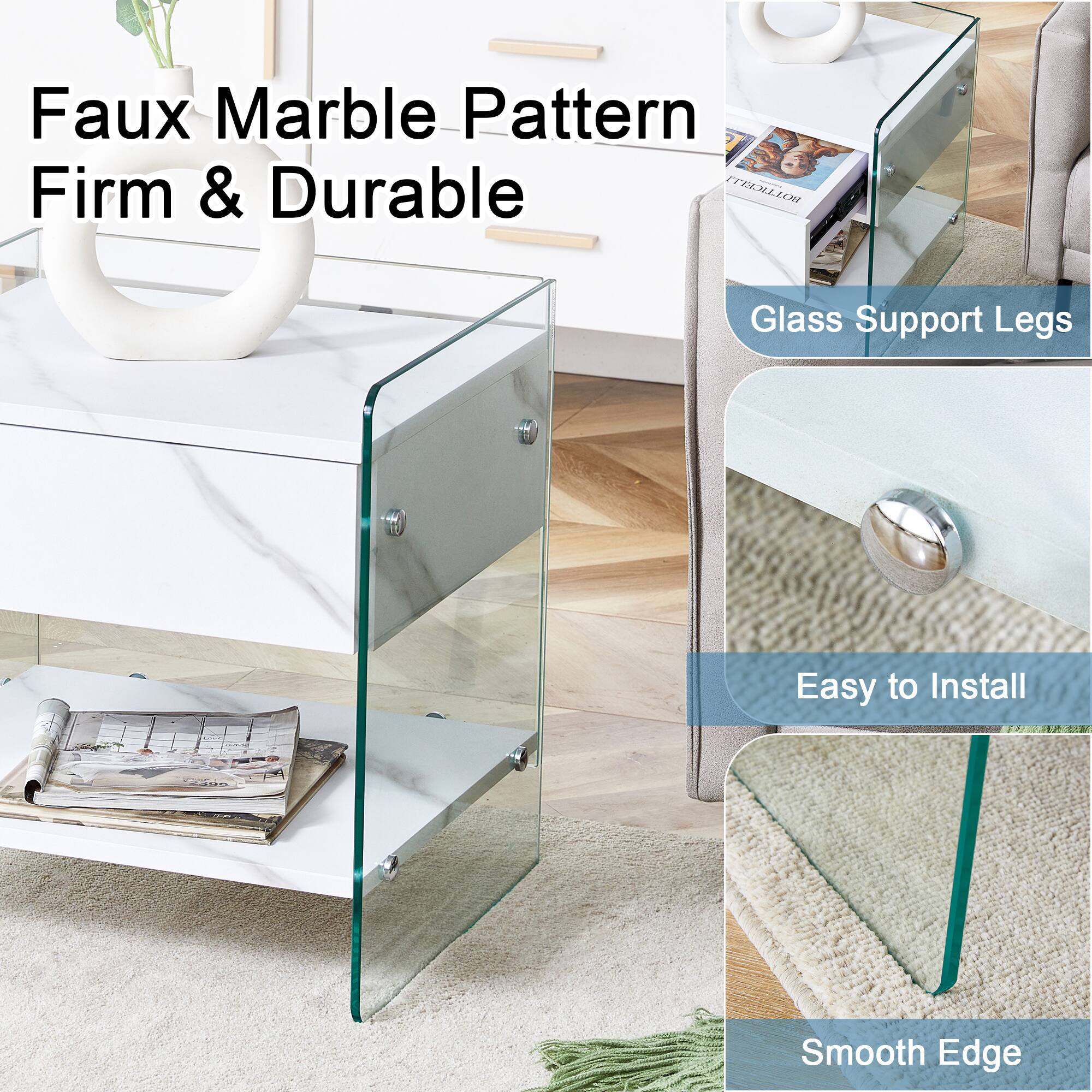 Faux Marble Pattern  
Firm & Durable  

Glass Support Legs  

Easy to Install  

Smooth Edge