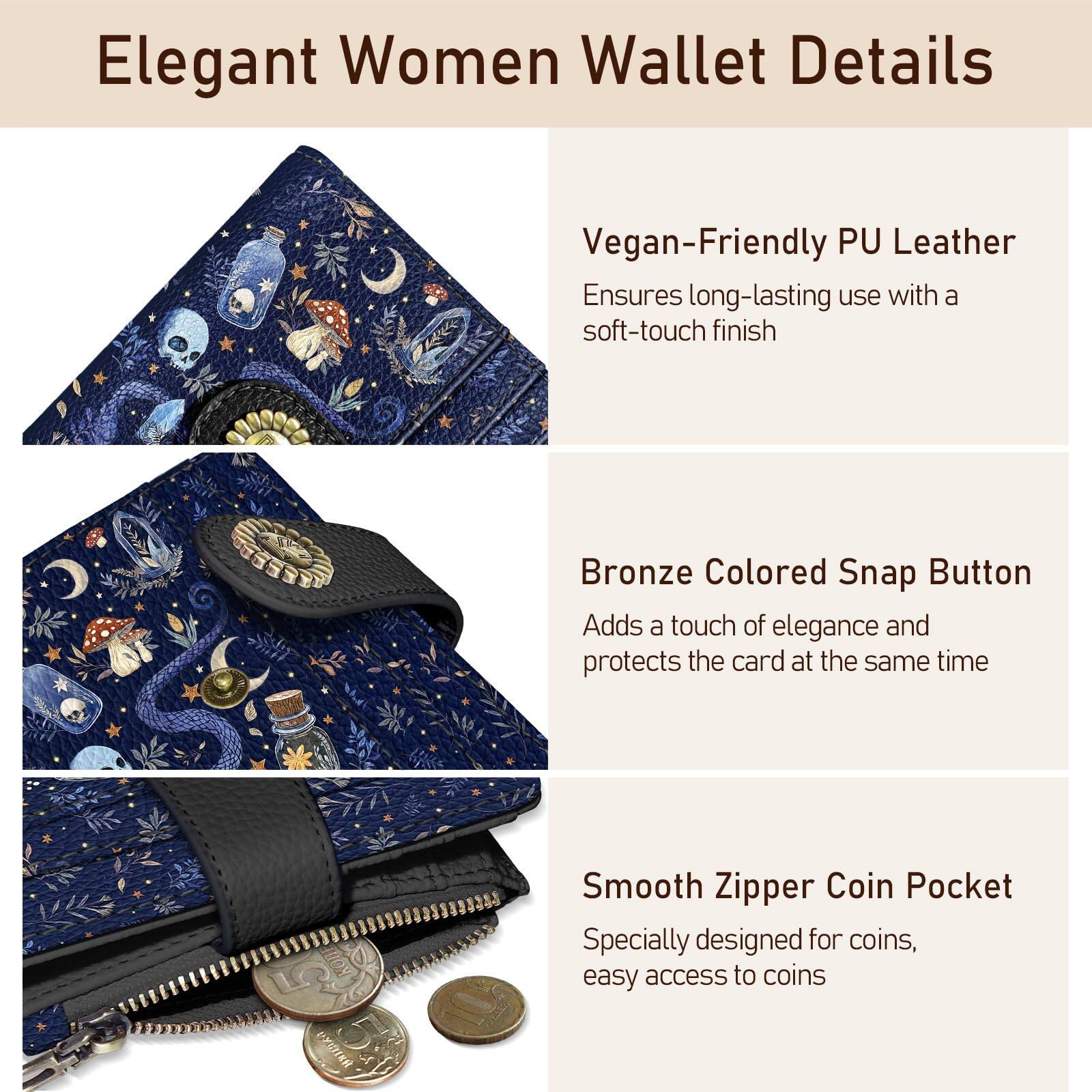 Alt View 3. Jadie Link - Mushroom Snake Night Small Rfid Women Wallet Bifold Zipper Pocket Leather Compact Credit Card Holder Travel Female - Mushroom Moon.
