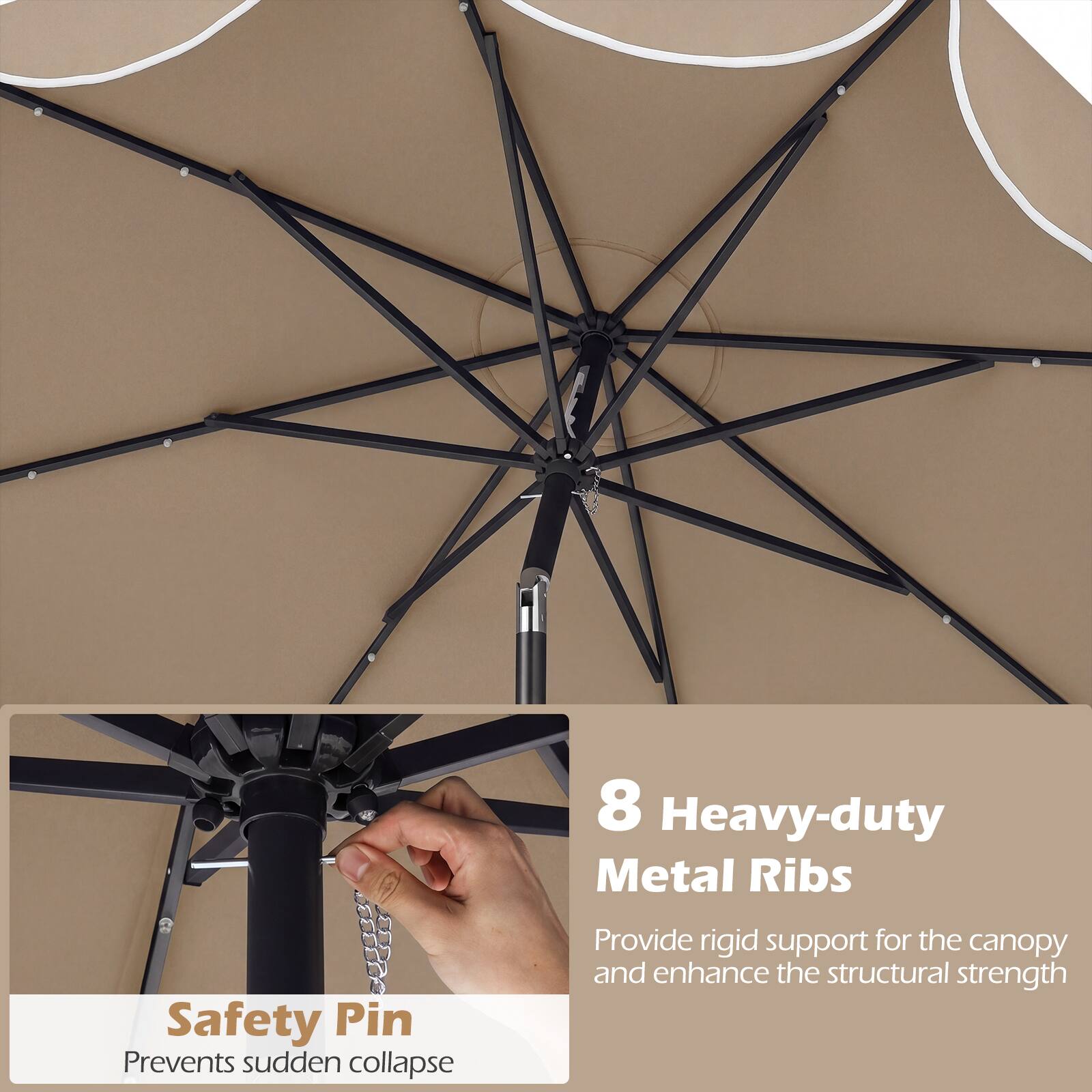 8 Heavy-duty Metal Ribs  
Provide rigid support for the canopy and enhance the structural strength  

Safety Pin  
Prevents sudden collapse