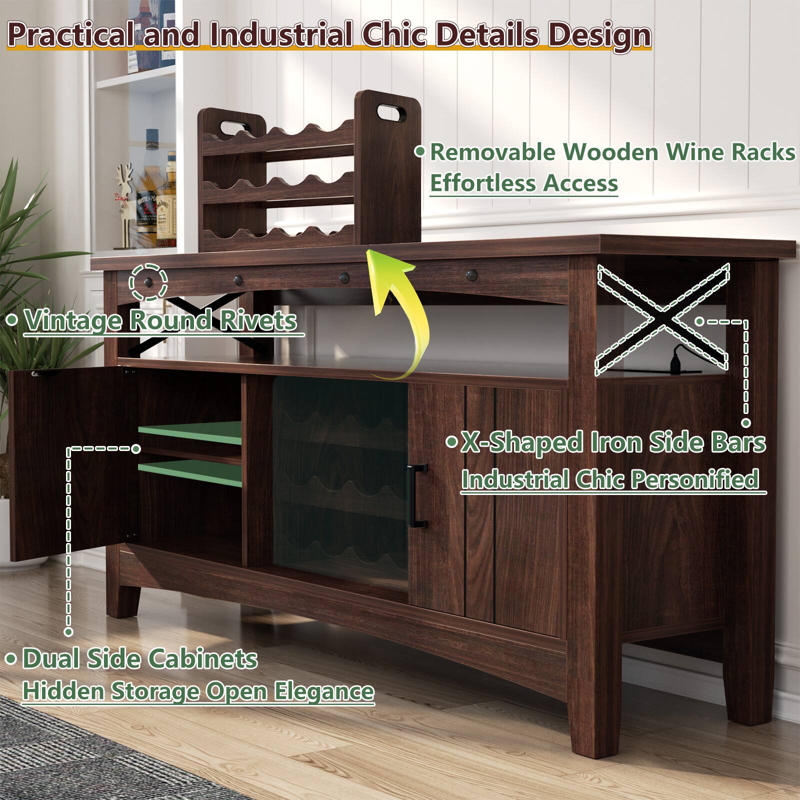 Practical and Industrial Chic Details Design

- Vintage Round Rivets
- Removable Wooden Wine Racks Effortless Access
- Dual Side Cabinets Hidden Storage Open Elegance
- X-Shaped Iron Side Bars Industrial Chic Personified