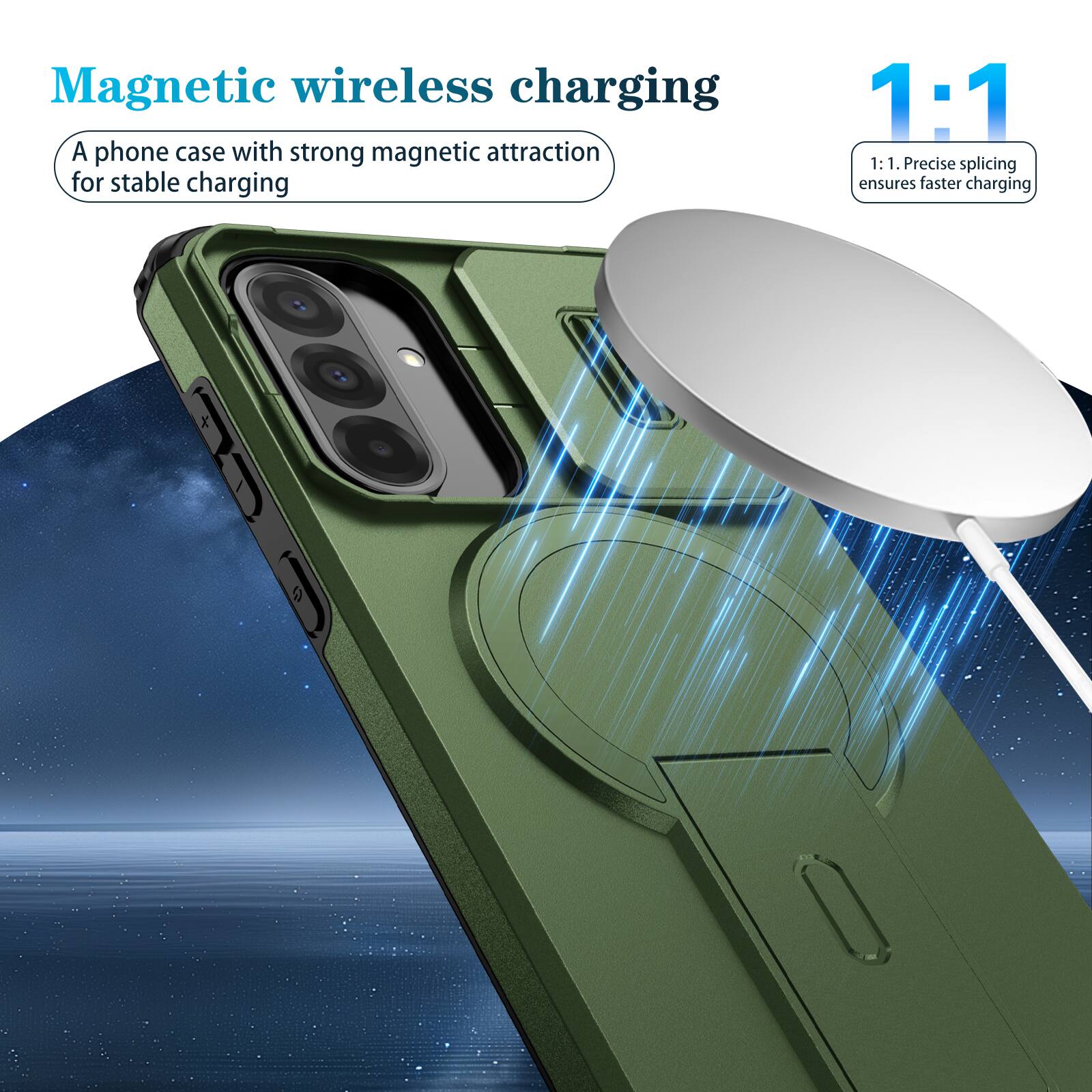 Magnetic wireless charging

A phone case with strong magnetic attraction for stable charging

1:1

1:1. Precise splicing ensures faster charging