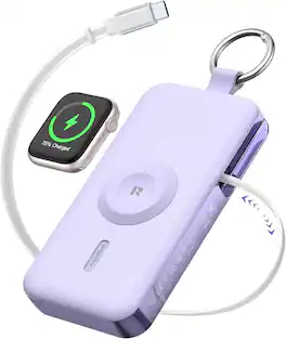 RORRY - CharmGo 12000mAh 3-in-1 Portable Charger with Retractable USB-C Cable, Apple Watch Charger and LCD - Purple