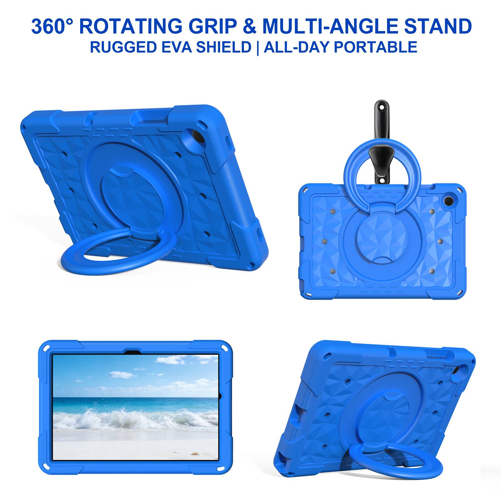 360° ROTATING GRIP & MULTI-ANGLE STAND  
RUGGED EVA SHIELD | ALL-DAY PORTABLE