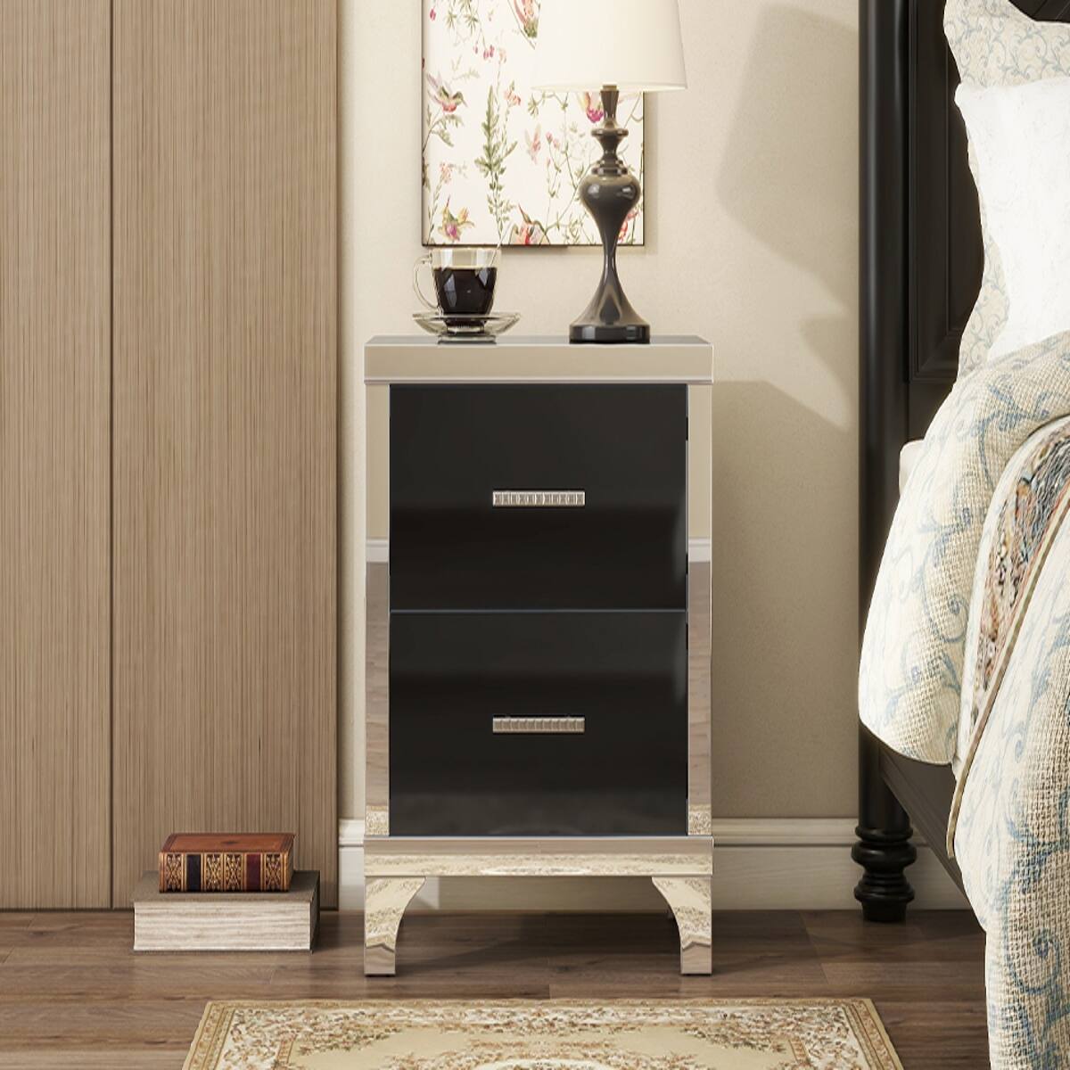 Alt View 8. Loheer - Loheer Black Two Drawer Nightstand, High Gloss Mirrored Bedside Table - Black.