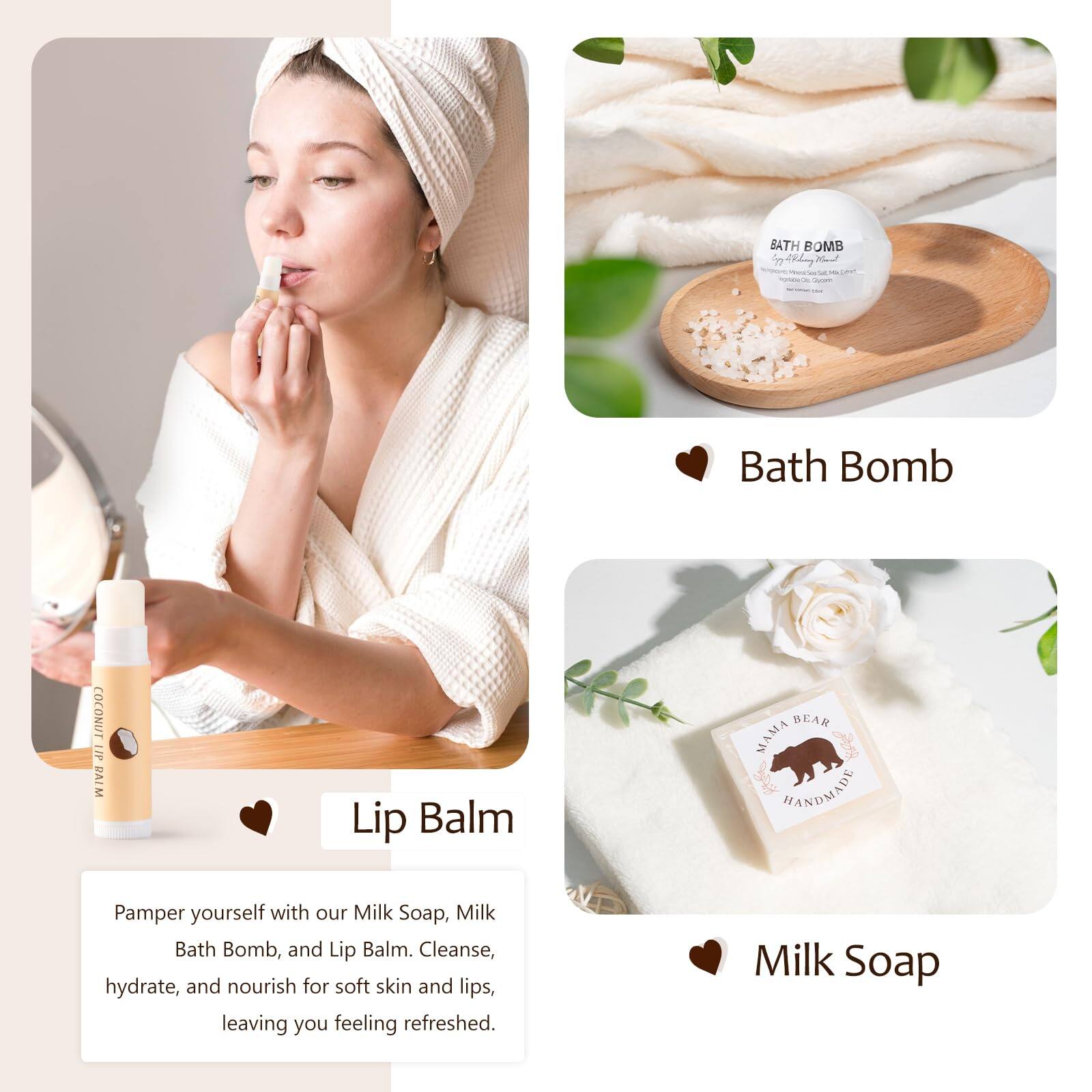 Bath Bomb  
Lip Balm  
Milk Soap  

Pamper yourself with our Milk Soap, Milk Bath Bomb, and Lip Balm. Cleanse, hydrate, and nourish for soft skin and lips, leaving you feeling refreshed.