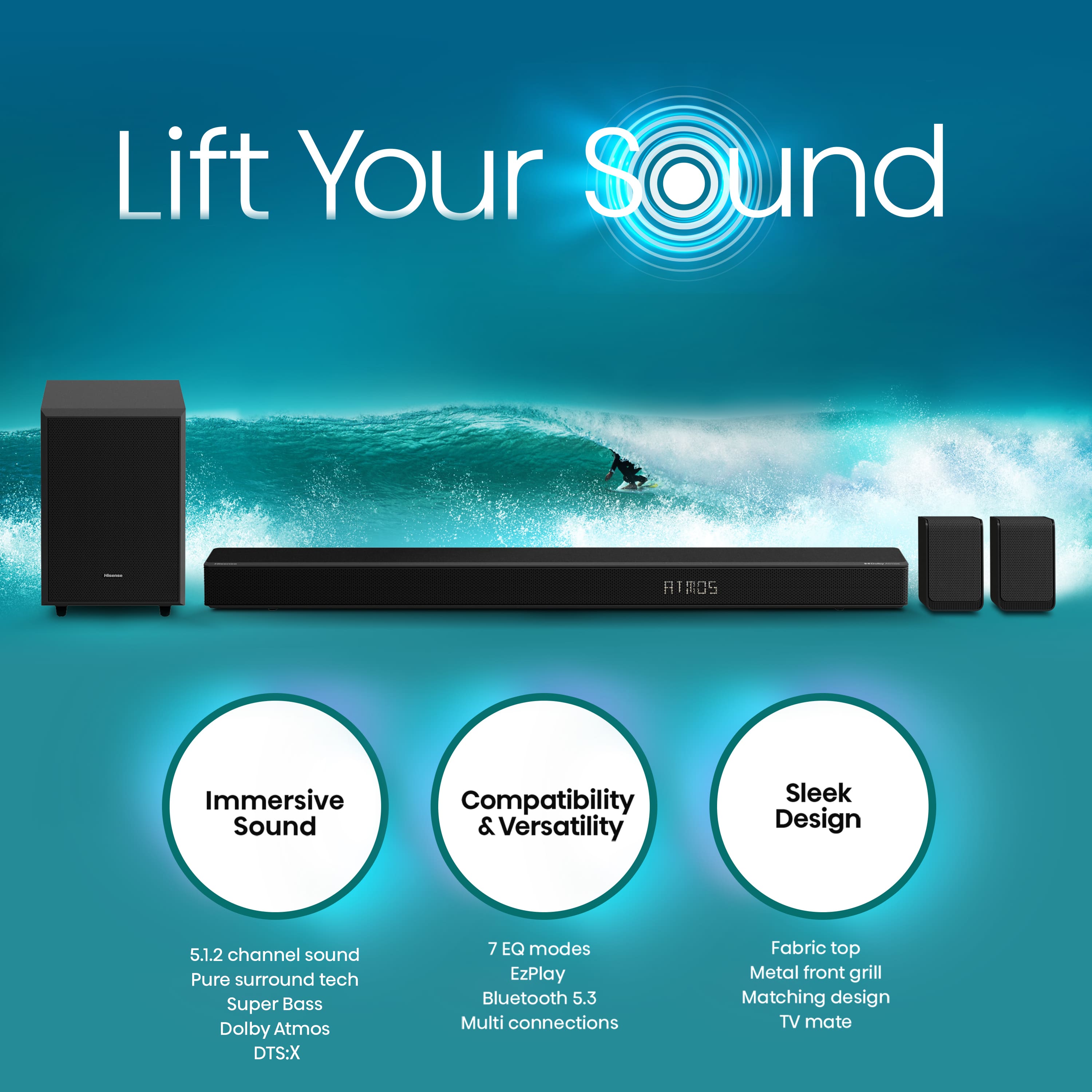 Lift Your Sound: Immersive Sound, Compatibility & Versatility, Sleek Design, 5.1.2 channel sound, Pure surround tech, Super Bass, Dolby Atmos, DTS:X, 7 EQ modes, EzPlay Bluetooth, 5.3 Multi connections, Fabric top, Metal front grill, Matching design, TV mate.
