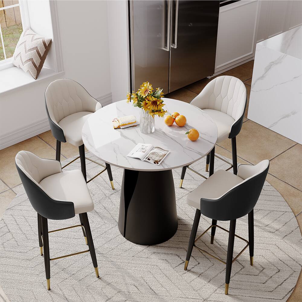 Angle. POVISON - 24" Modern Counter Stools Set of 2, Leather Bar Stools with Backs, Upholstered Bar Stools, Beige Bar Stools, Black - Black PU Leather.