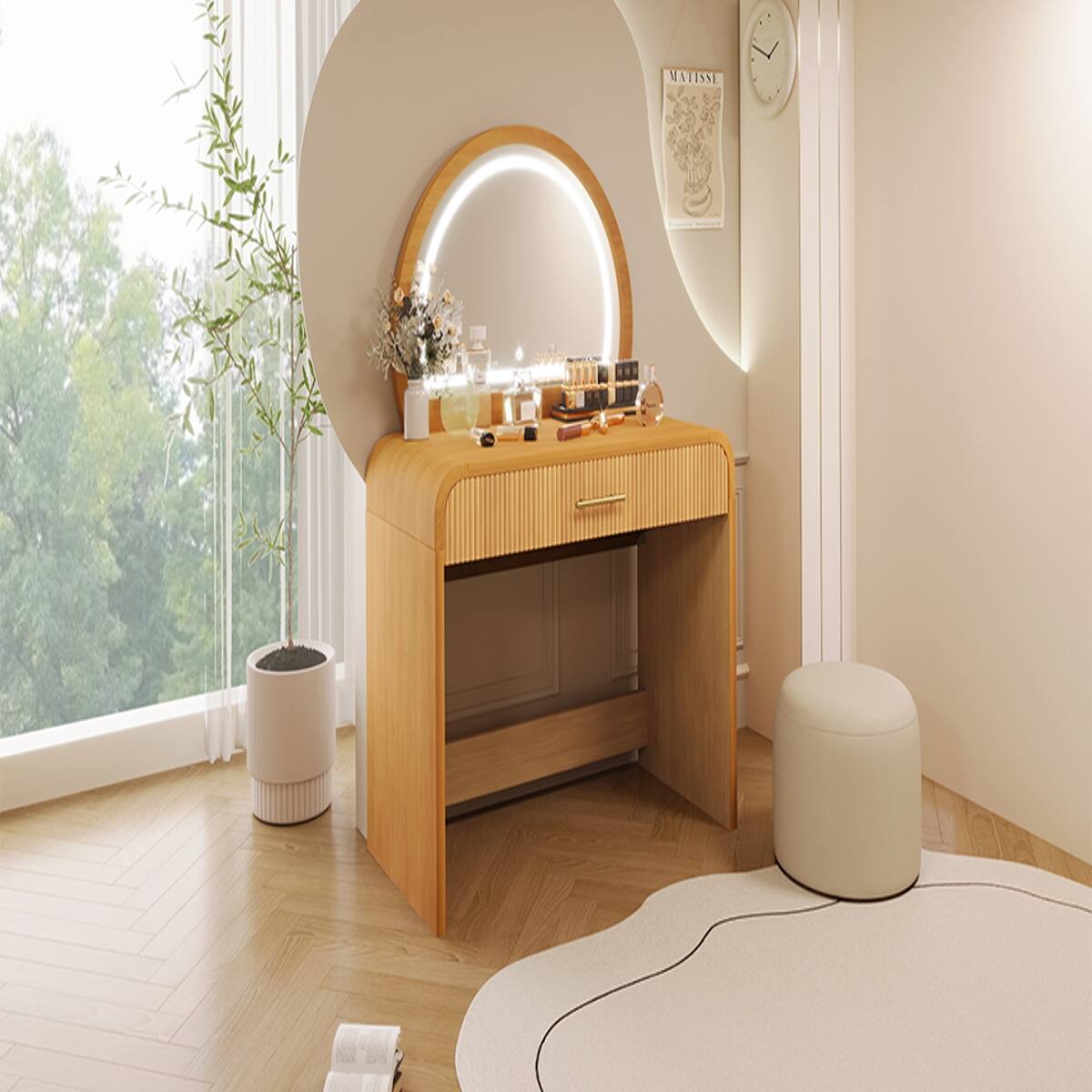 Alt View 8. Loheer - Loheer 39 Inch Makeup Vanity Table with Lighted Touch Screen Mirror, Drawer, Natural Rubberwood - Natural.