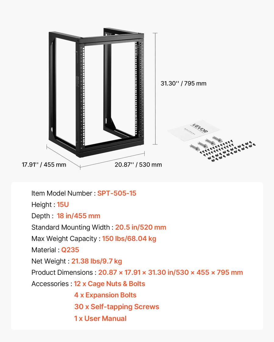 Spt Racks VEVOR 15U Wall Mount Server Rack, 150 lbs Max Load Capacity, Open Frame ...