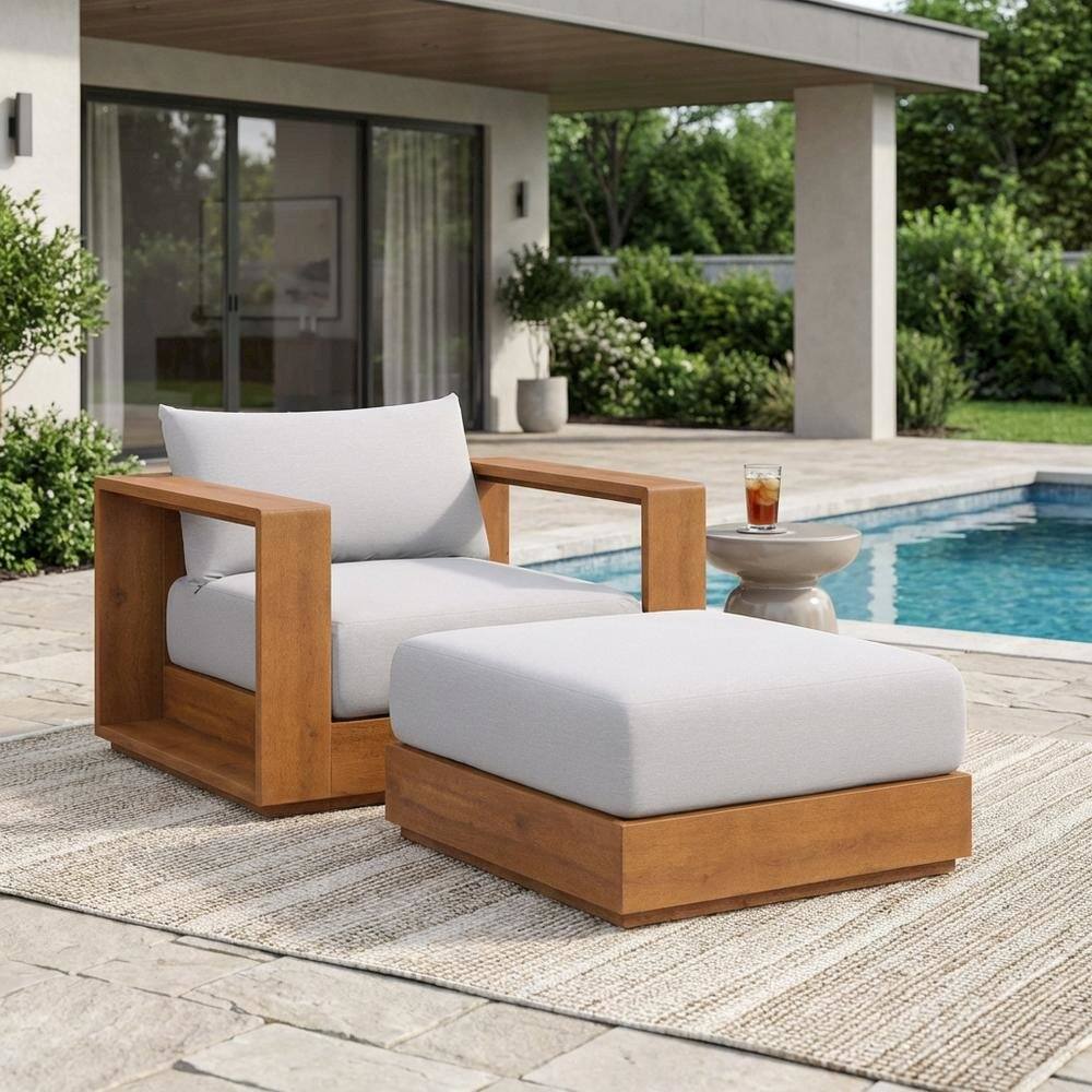 Left. Outdoor Escape - Outdoor Patio Acacia Wood Armchair and Ottoman Set with Cushioned Seating - Gray.