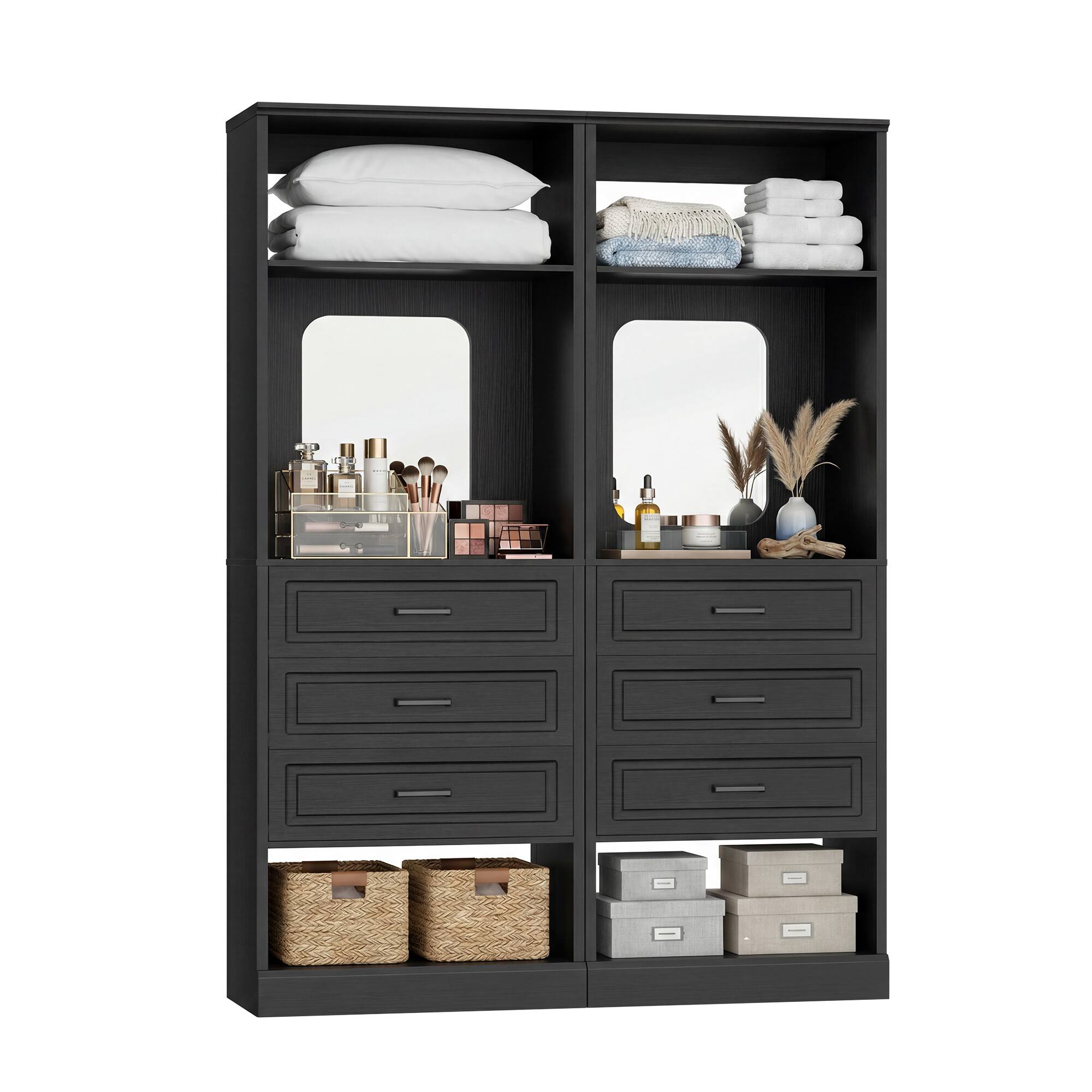Angle. Aheaplus - 50" W Modular Closet Storage System Set of 2, Freestanding Wardrobe with 6 Wooden Drawers & 2 HD Mirrors - Black.