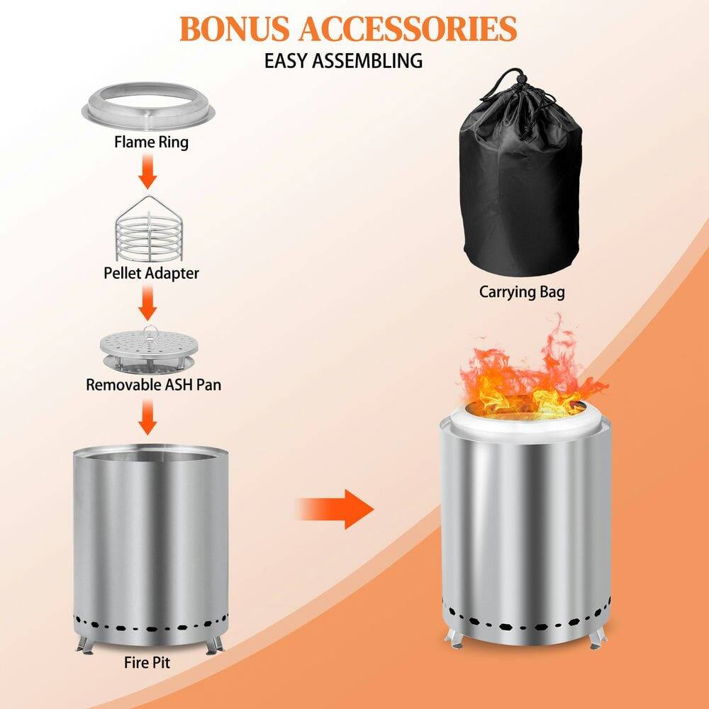 BONUS ACCESSORIES  
EASY ASSEMBLING  

- Flame Ring  
- Pellet Adapter  
- Removable ASH Pan  
- Carrying Bag  

Fire Pit