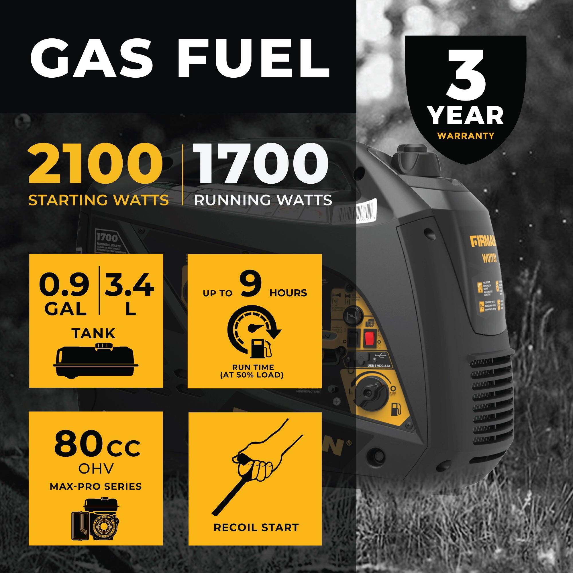 GAS FUEL

2100 STARTING WATTS  
1700 RUNNING WATTS

0.9 GAL / 3.4 L TANK

UP TO 9 HOURS RUN TIME (AT 50% LOAD)

80 CC OHV  
MAX-PRO SERIES

RECOIL START

3 YEAR WARRANTY