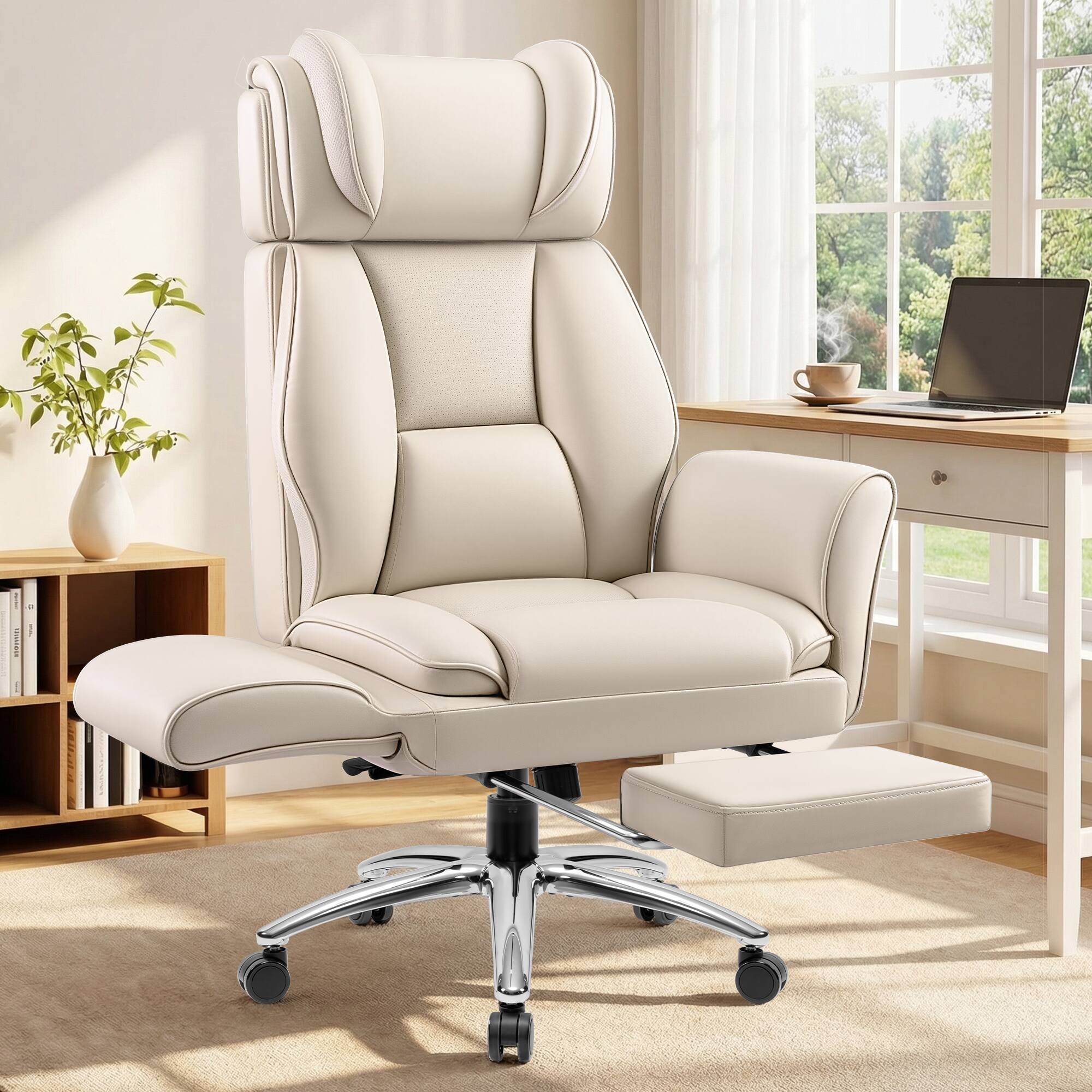 Alt View 6. KERDOM - High Back Ergonomic Office Chair with Flatable Armrest Cross Legged, PU Leather Executive Chair with Footrest Wide Seat - Beige.