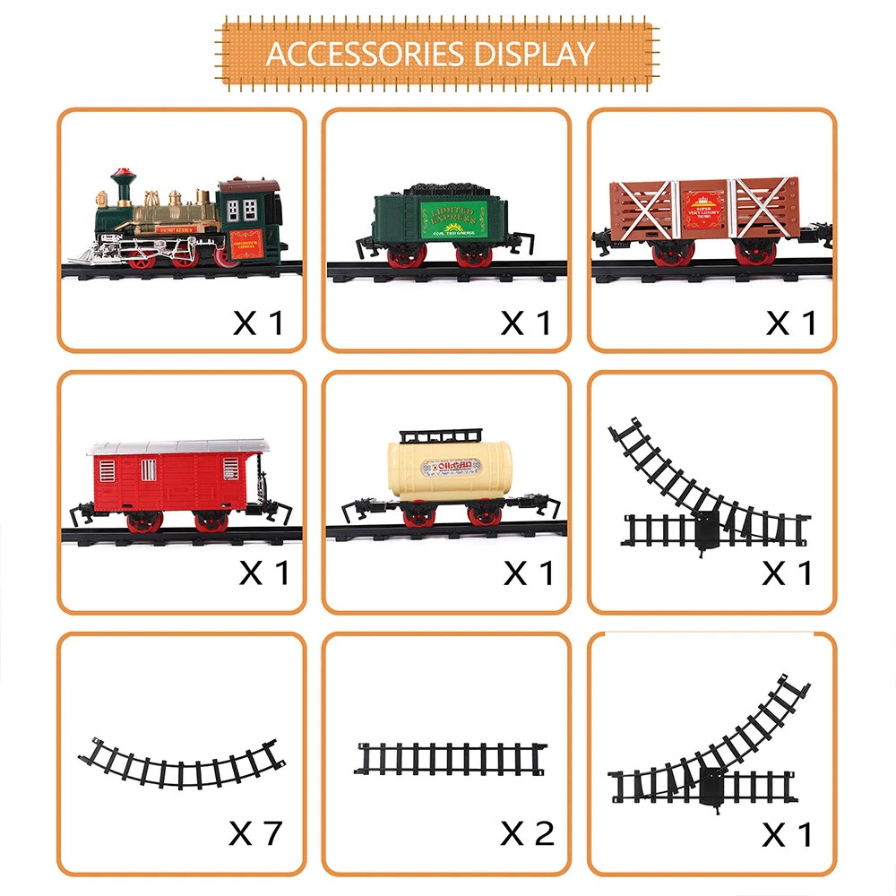 ACCESSORIES DISPLAY

- Train Engine X 1
- Green Train Car X 1
- Red Train Car X 1
- Red Train Car X 1
- Yellow Train Car X 1
- Train Track Curve X 1
- Train Track Straight X 7
- Train Track Curve X 2
- Train Track Curve X 1