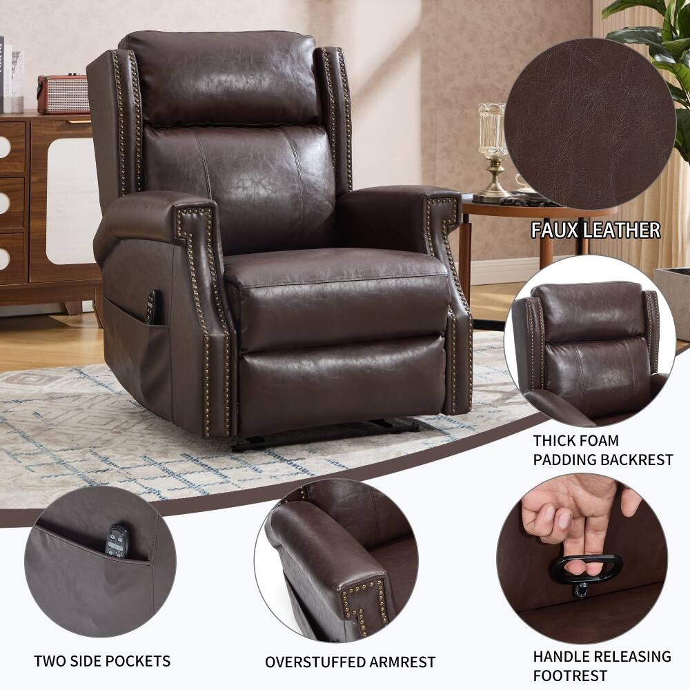 FAUX LEATHER  
THICK FOAM PADDING BACKREST  
TWO SIDE POCKETS  
OVERSTUFFED ARMREST  
HANDLE RELEASING FOOTREST