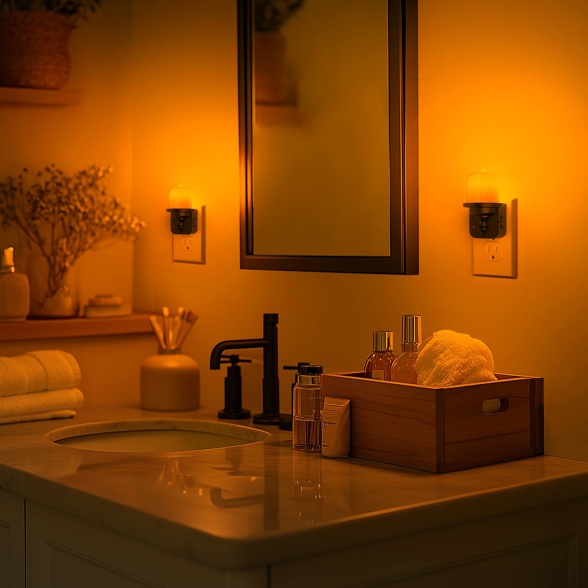 Left. Jandcase - JANDCASE 2-Pack 1W  Plug-in Night Light, Amber Glow, Candle Design with Slide Dimmer 0-100%, Dusk-to-Dawn Sensor - Black.