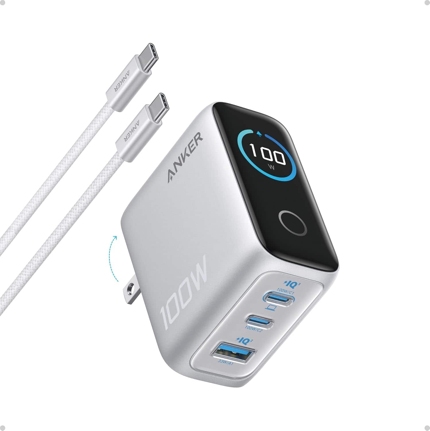 Anker - Charger, 100W Max Ultra-Compact 3-Port GaN USB C Charger - Silver