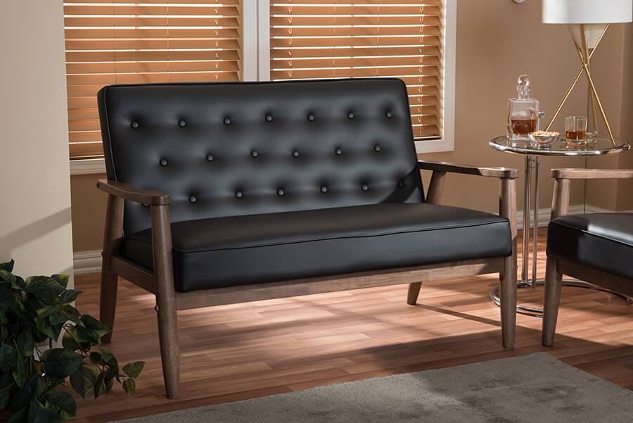 Back. Baxton Studio - Sorrento Mid-century Retro Modern Faux Leather Upholstered Wooden 2-seater Loveseat - Dark Brown.