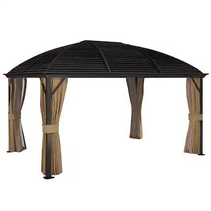Front. Outsunny - 10' x 14' Hardtop Gazebo Canopy with Galvanized Steel Roof, Aluminum Outdoor Pavilion Gazebo with Top Hook, Netting - Brown.