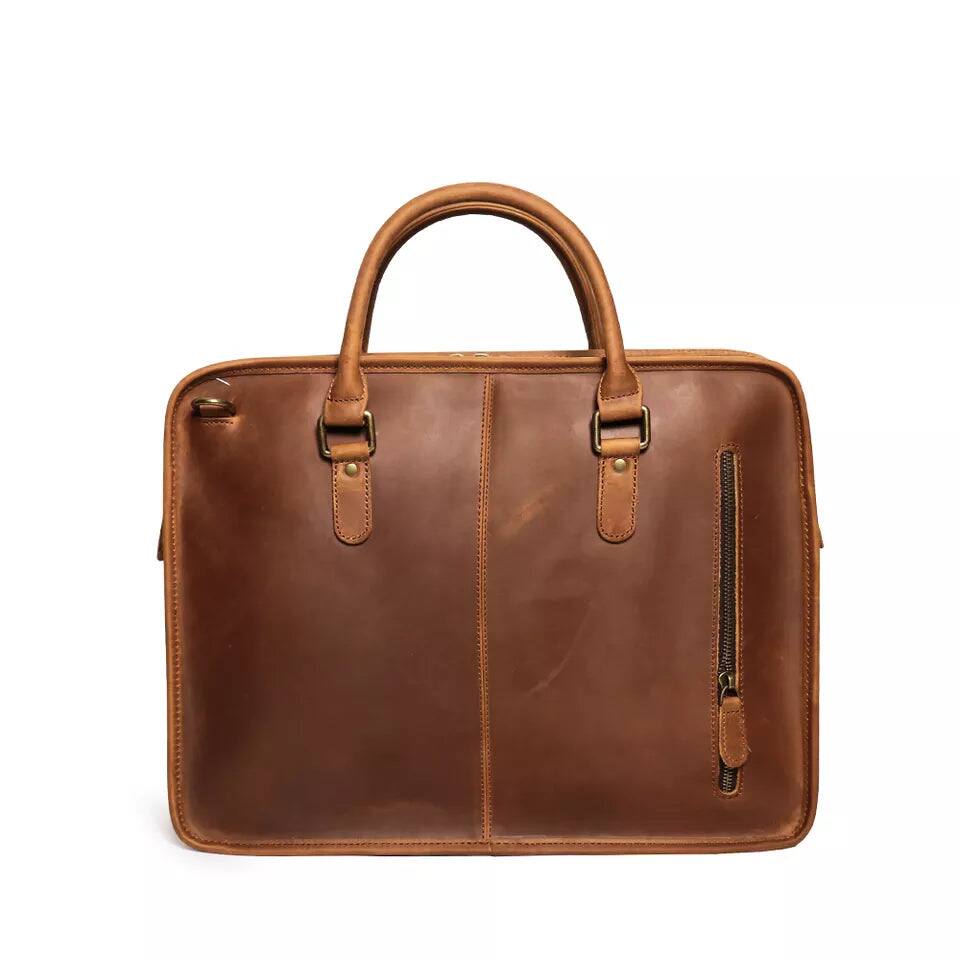 Left. Steel Horse Leather - The Hemming Leather Laptop Bag | Vintage Leather Briefcase - Brown.