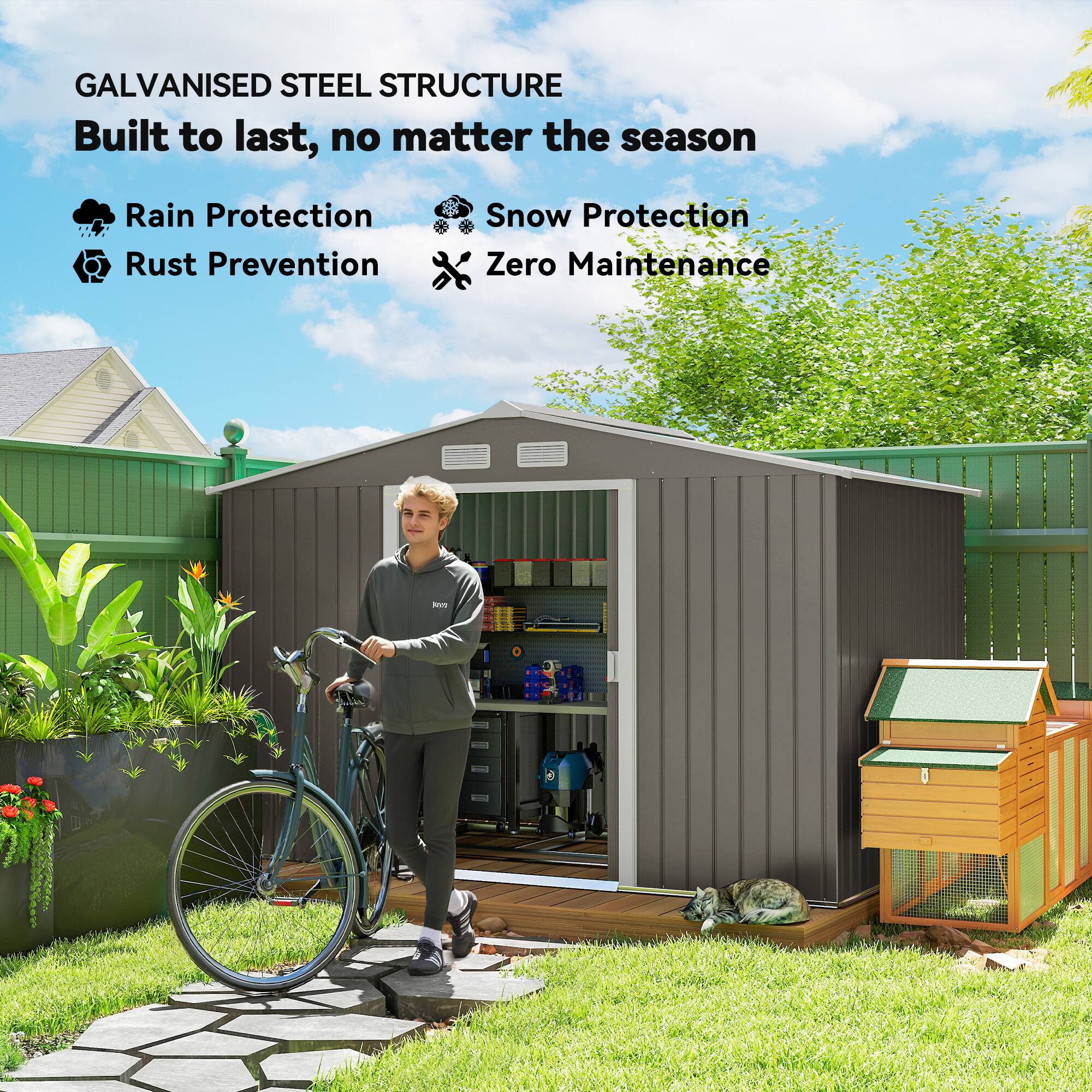 GALVANISED STEEL STRUCTURE  
Built to last, no matter the season  

- Rain Protection  
- Snow Protection  
- Rust Prevention  
- Zero Maintenance