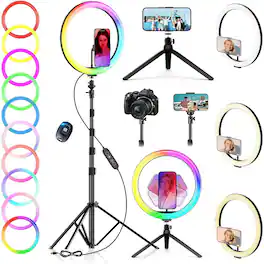 PARKER SLATER - 12" selfie ring light with 73" tripod, 38 color modes, 3-in-1 dimmable adjustable LED for makeup, TikTok, and YouTube.