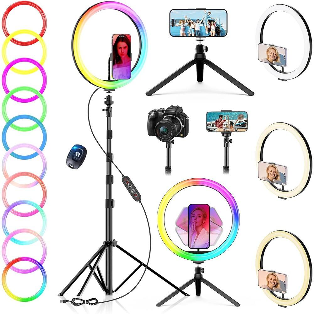 PARKER SLATER - 12" selfie ring light with 73" tripod, 38 color modes, 3-in-1 dimmable adjustable LED for makeup, TikTok, and YouTube.