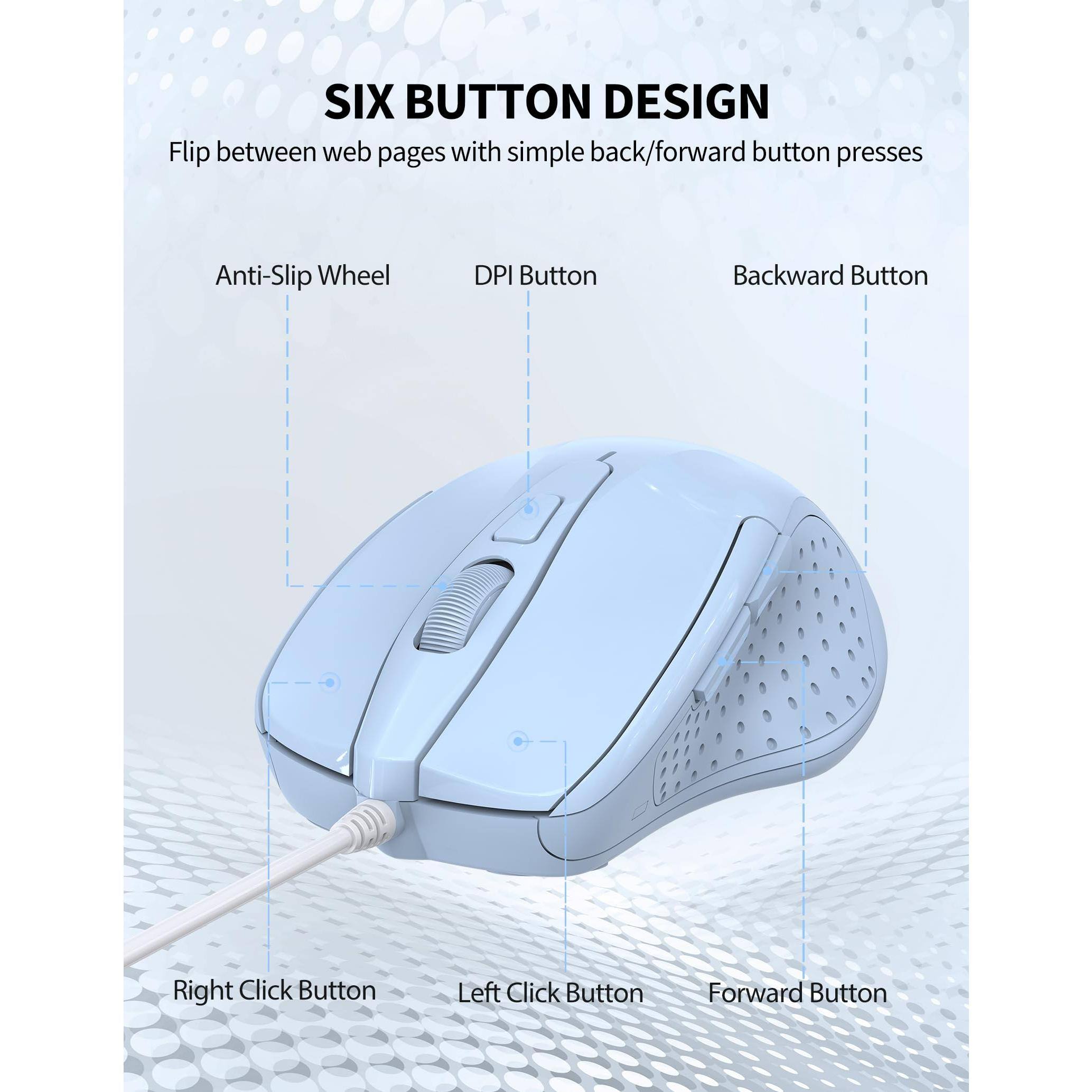 SIX BUTTON DESIGN  
Flip between web pages with simple back/forward button presses  

- Anti-Slip Wheel  
- DPI Button  
- Backward Button  
- Right Click Button  
- Left Click Button  
- Forward Button