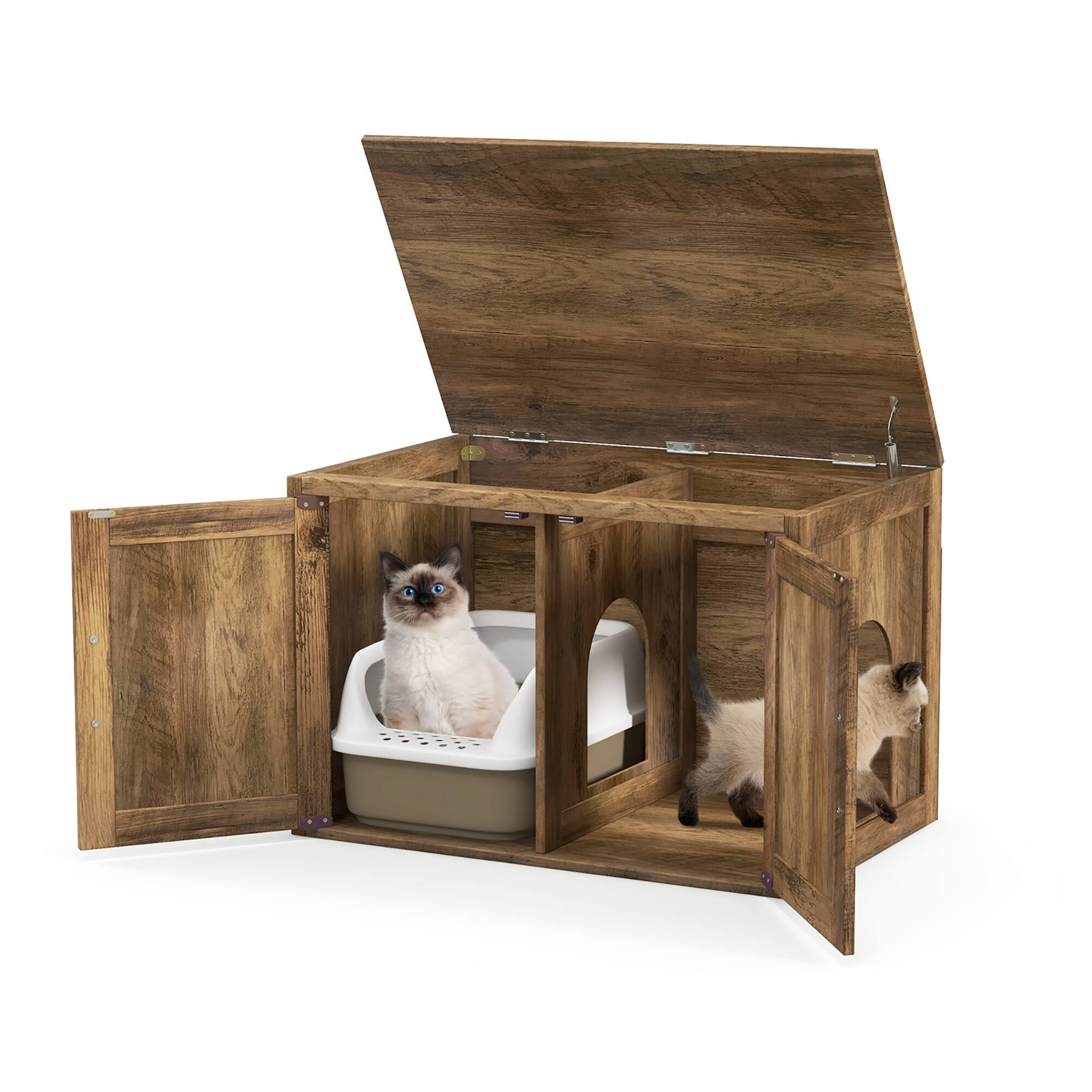 Alt View 9. Gymax - Gymax Cat Litter Box Enclosure w/ Double Barn Doors Removable Divider Middle Entry - Oak.