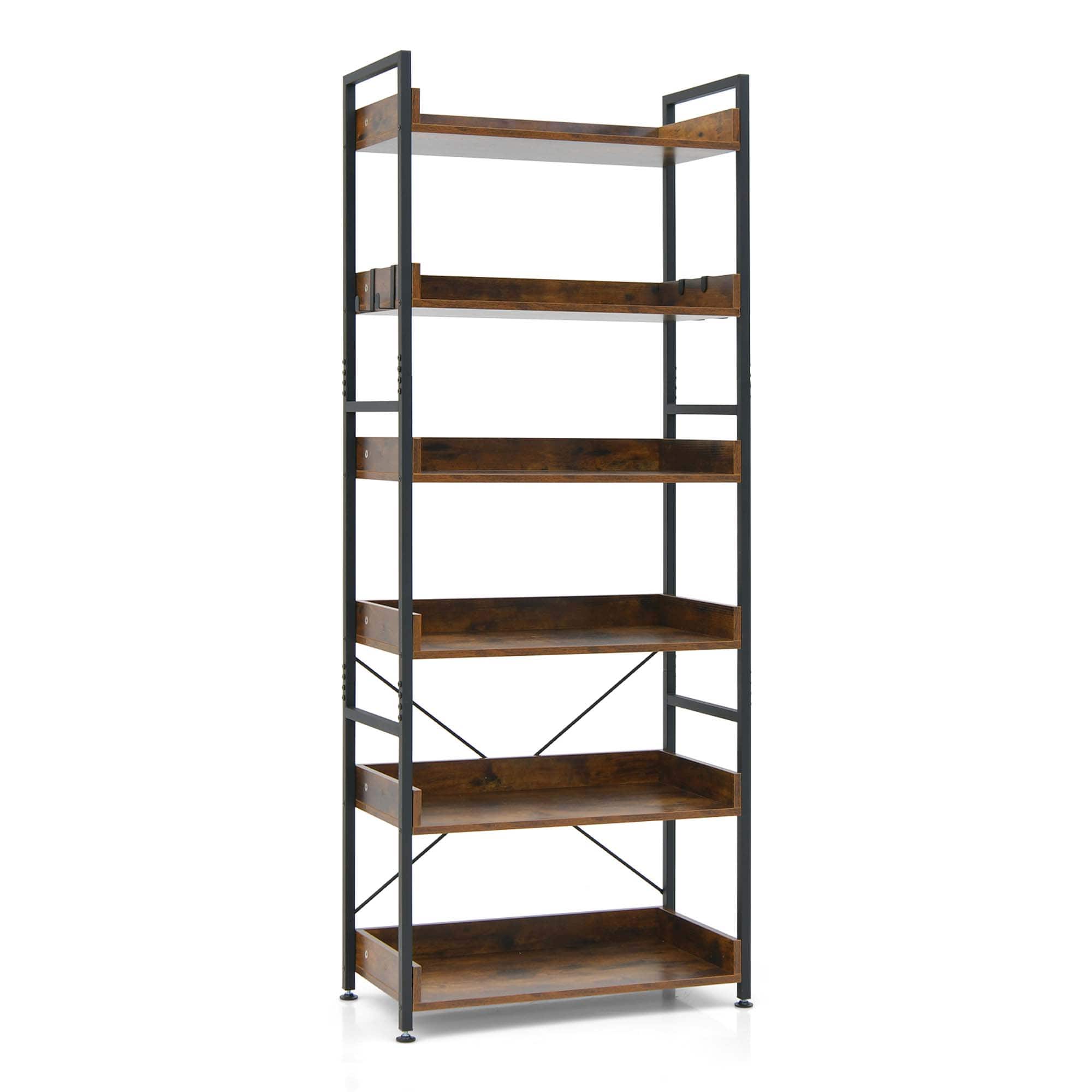 Alt View 17. Costway - 6-Tier Bookshelf Open Display Shelves Storage Rack Metal Frame with 4 Hooks Rustic - Rustic Brown & Black.