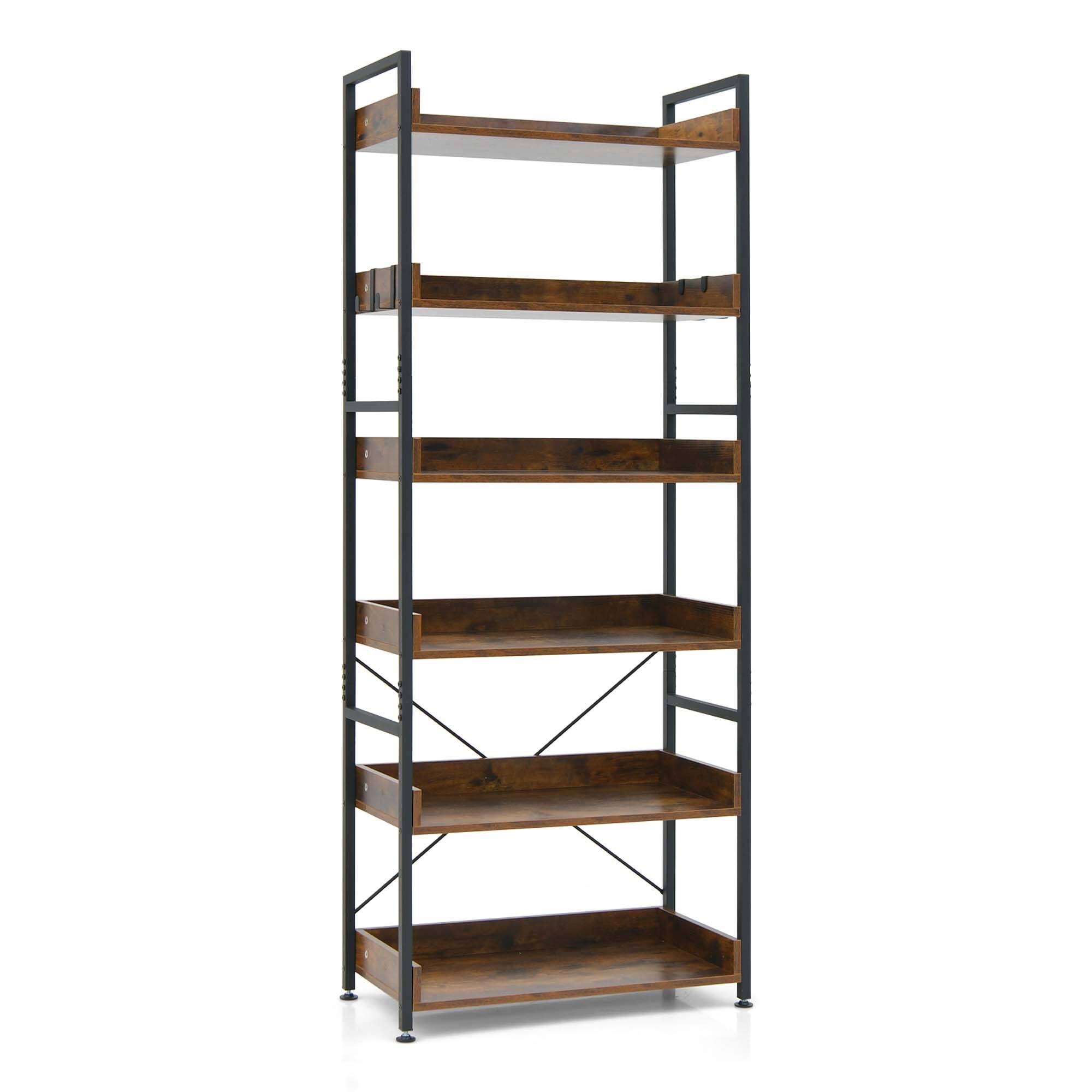Alt View 17. Costway - 6-Tier Bookshelf Open Display Shelves Storage Rack Metal Frame with 4 Hooks Rustic - Rustic Brown & Black.