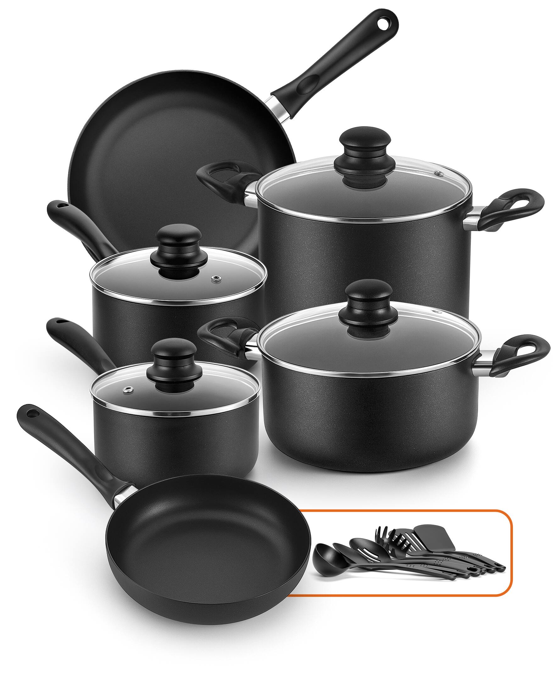 Front. Sugift - 16-Piece Kitchen Hard-Anodized Aluminum Nonstick Cookware Set with Silicone Kitchen Utensils - Black.