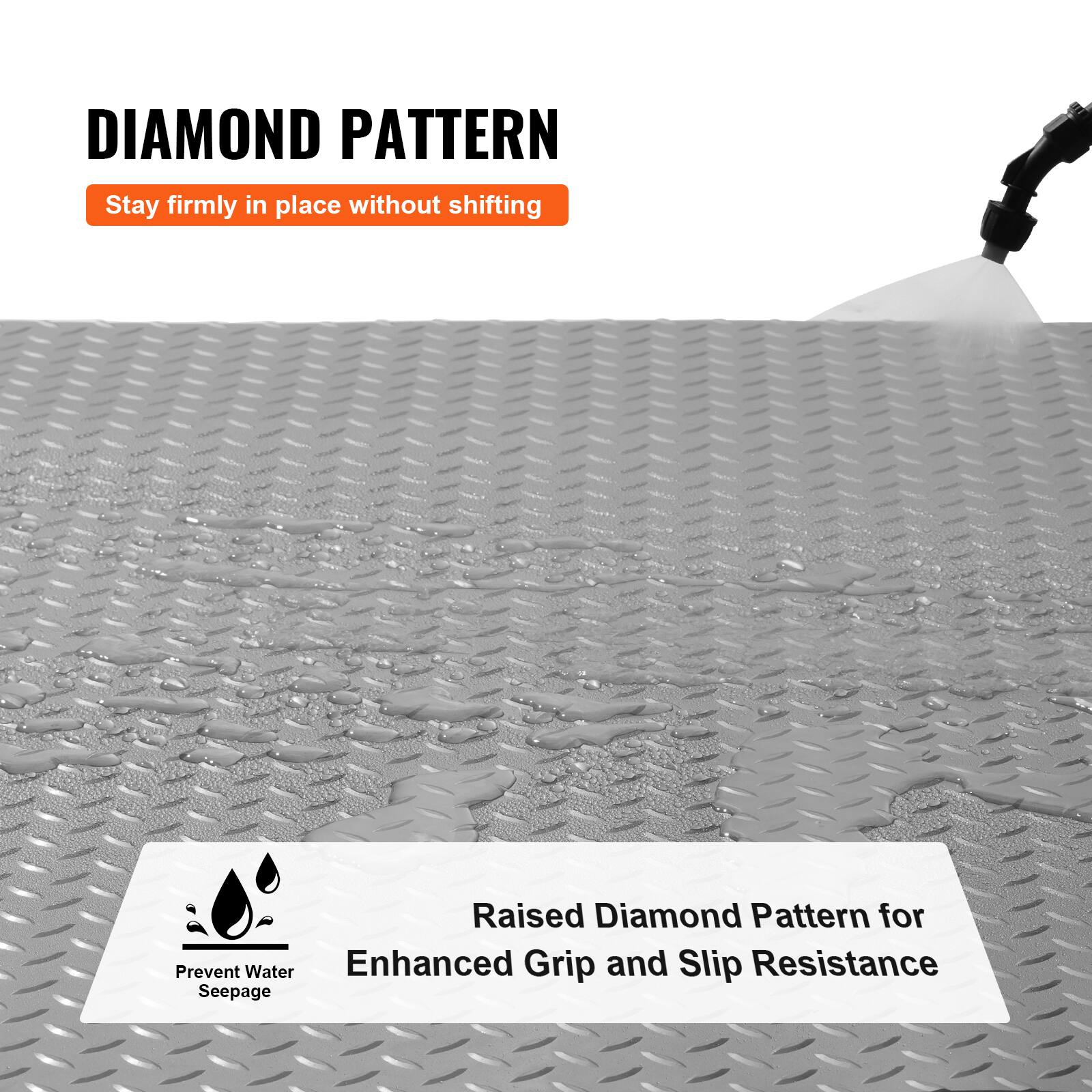 DIAMOND PATTERN  
Stay firmly in place without shifting  

Raised Diamond Pattern for Enhanced Grip and Slip Resistance  
Prevent Water Seepage