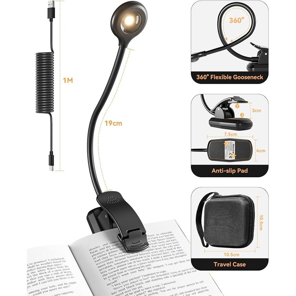 Schertz - Rechargeable Book Light for Night Reading | 1200 mAh Battery, Stepless Dimming, Portable Clip-On Reading Lamp with Trave