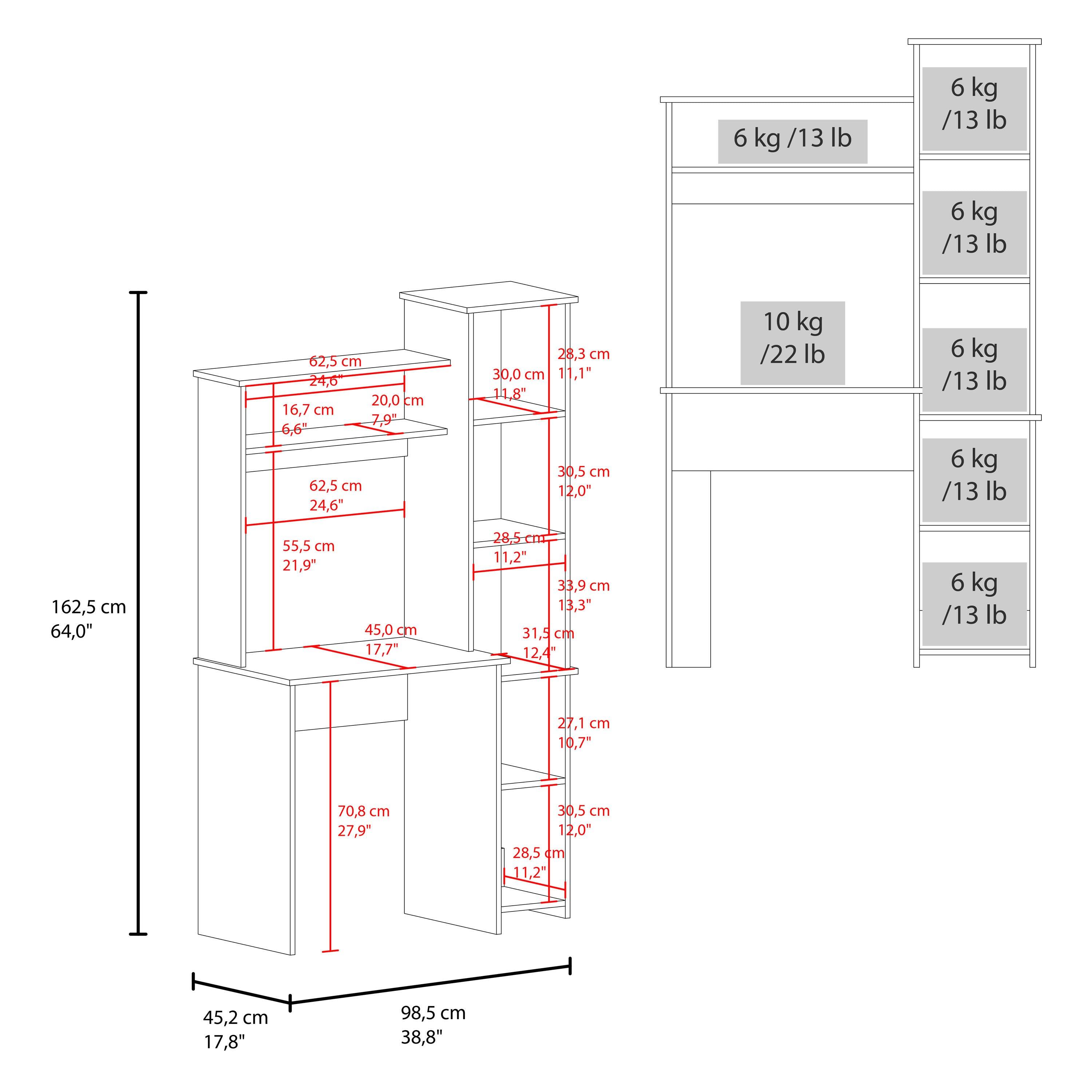 Sure, here is the corrected and grouped text from the image:

---

**Dimensions:**

- **Overall Height:** 162.5 cm / 64.0"
- **Width:** 98.5 cm / 38.8"
- **Depth:** 45.2 cm / 17.8"

**Shelf Dimensions:**

- **Top Shelf:**
  - **Width:** 62.5 cm / 24.6"
  - **Depth:** 30.0 cm / 11.8"
  - **Height:** 16.7 cm / 6.6"
  - **Load Capacity:** 6 kg / 13 lb

- **Second Shelf:**
  - **Width:** 62.5 cm / 24.6"
  - **Depth:** 30.0 cm / 11.8"
  - **Height:** 16.7 cm / 6.6"
  - **Load Capacity:** 6 kg / 13 lb

- **Third Shelf:**
  - **Width:** 62.5 cm / 24.6"
  - **Depth:** 3