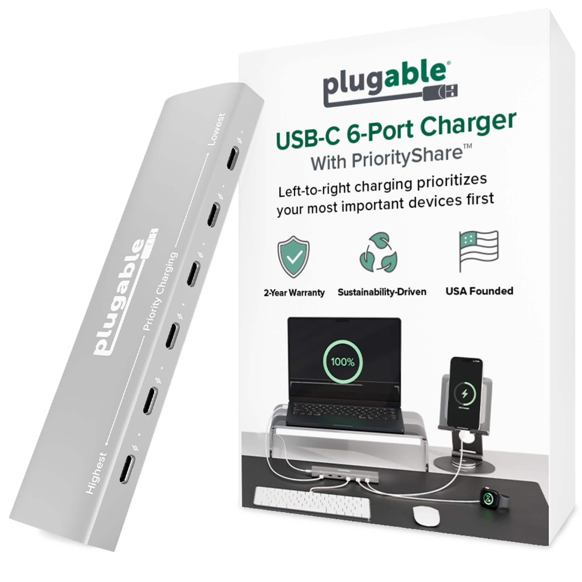 Plugable - 6 Port USB C Charging Station, Up to 100W Charger for Multiple Devices with Priority Charging - Space Grey