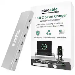 Plugable - 6 Port USB C Charging Station, Up to 100W Charger for Multiple Devices with Priority Charging - Space Gray