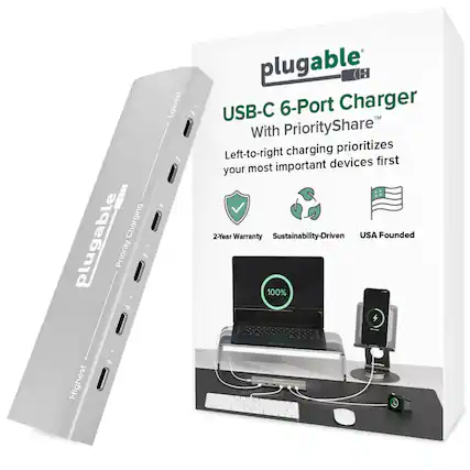 plugable Charging Priority Lowest 1 plugable (H USB-C 6-Port Charger With PriorityShare Left-to-right charging prioritizes your most important devices first 2-Year Warranty Sustainability-Driven USA Founded 100% Highest