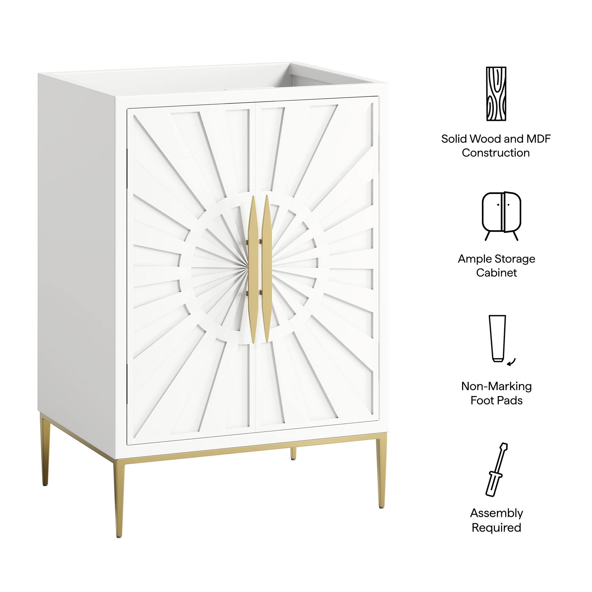 Solid Wood and MDF Construction  
Ample Storage Cabinet  
Non-Marking Foot Pads  
Assembly Required