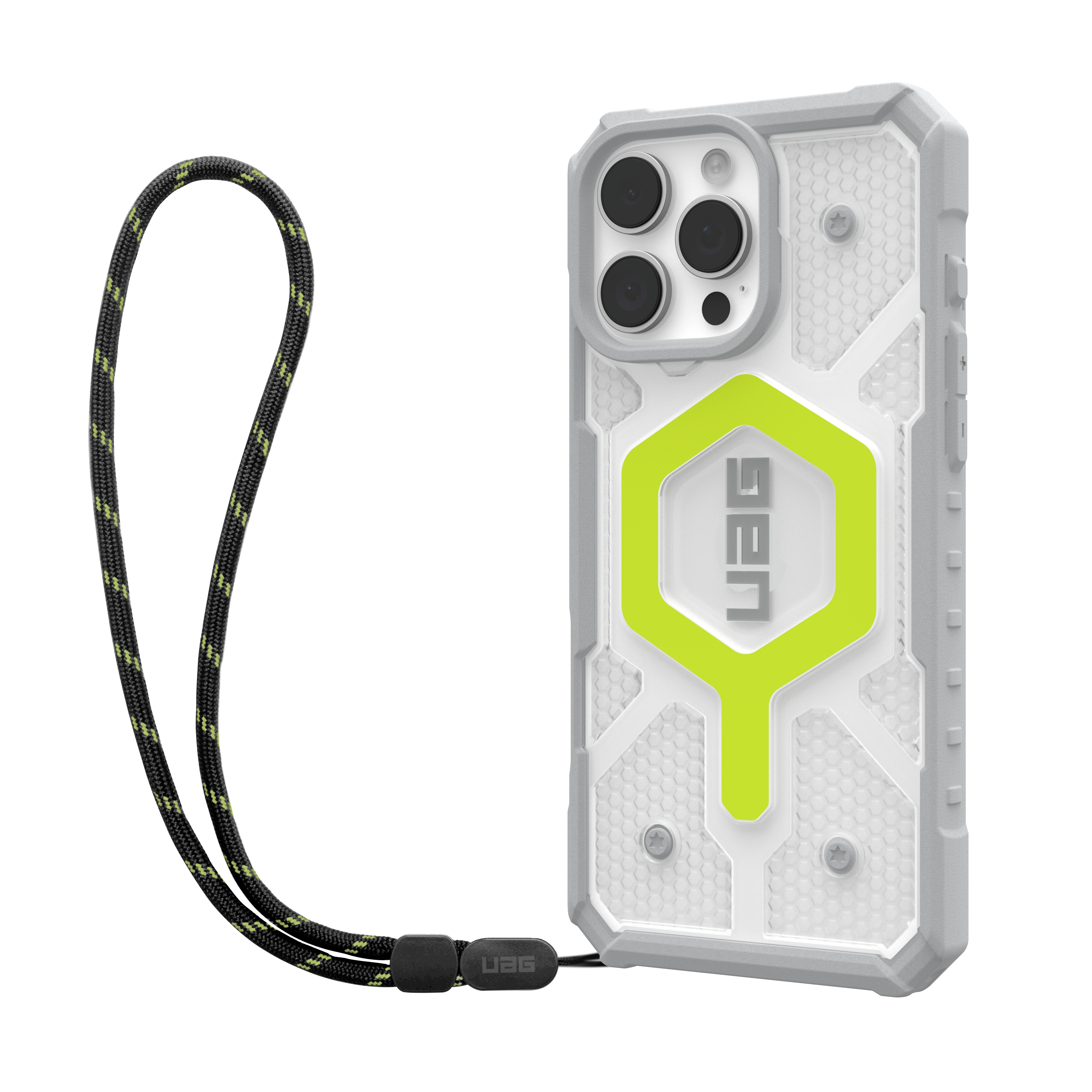 Angle. UAG - Bundle: Pathfinder Series MagSafe Case and Lanyard for iPhone 16 Pro Max - Neon Yellow/Clear.