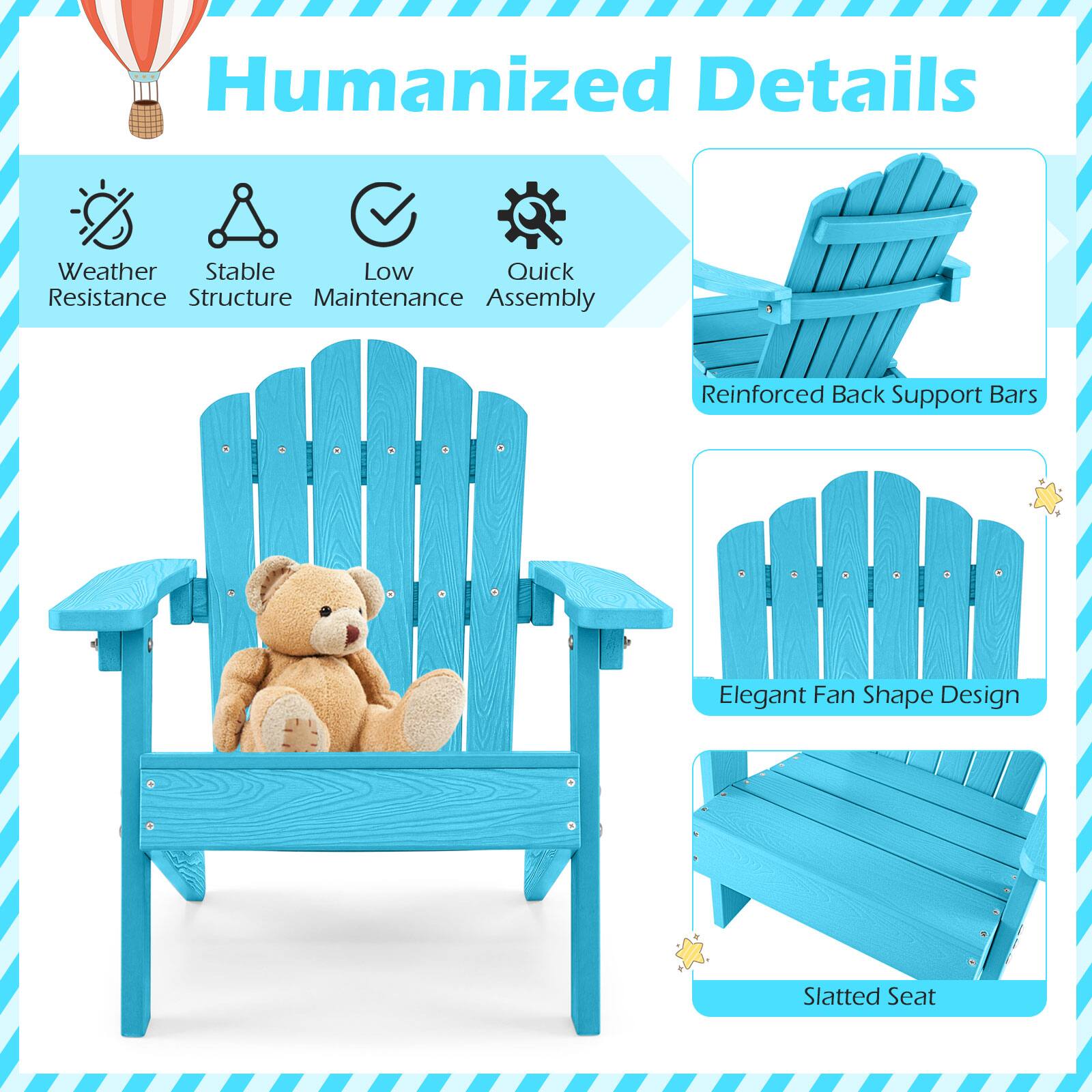 Humanized Details  
Weather Stable Low Quick Resistance Structure Maintenance Assembly  
Reinforced Back Support Bars  
Elegant Fan Shape Design  
Slatted Seat