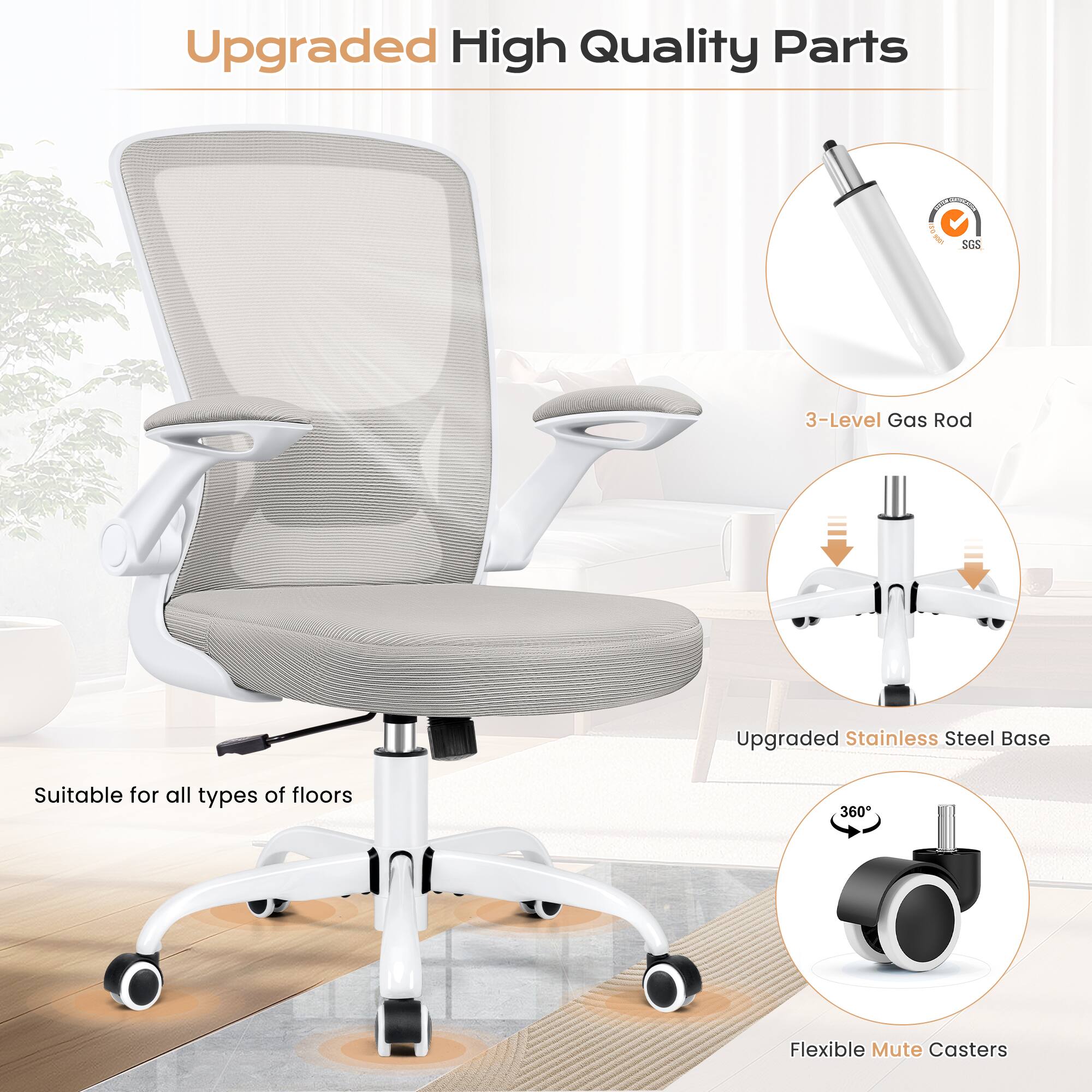 KERDOM - Colorful Office Chair, Ergonomic Mesh Chair with Lumbar Support, Swivel Desk Chair with Flip-up Arms, Height Adjustable - Thumbnail 4