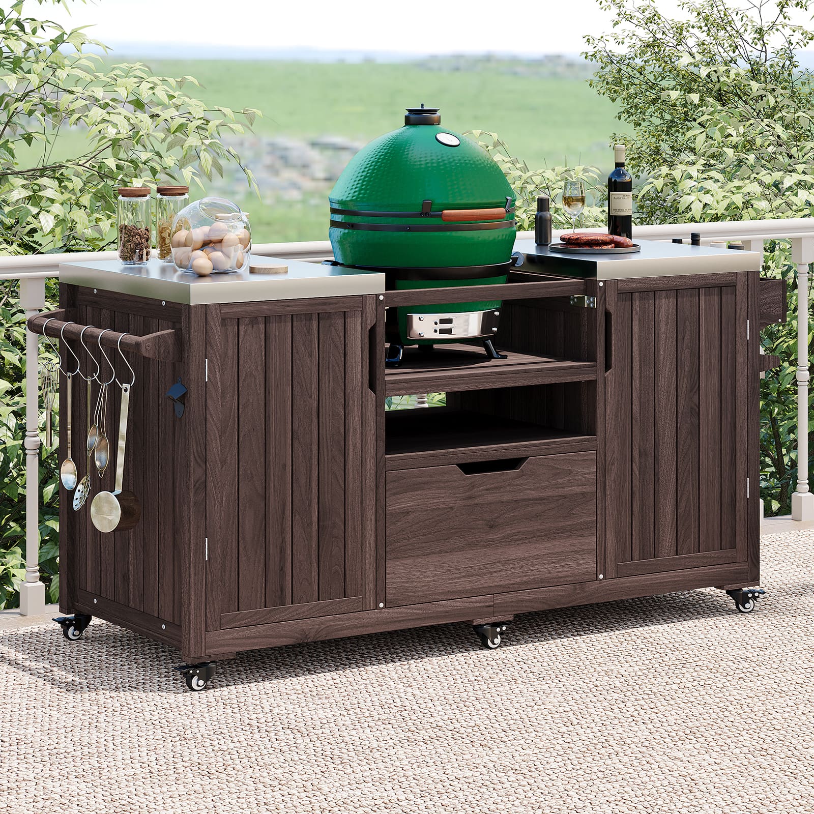 Chateau Abodes - 66.5" Outdoor Kitchen Island for Big Green Egg & Kamado Joe, Solid Wood Cart with Stainless Steel Top & Drawer - Dark Brown